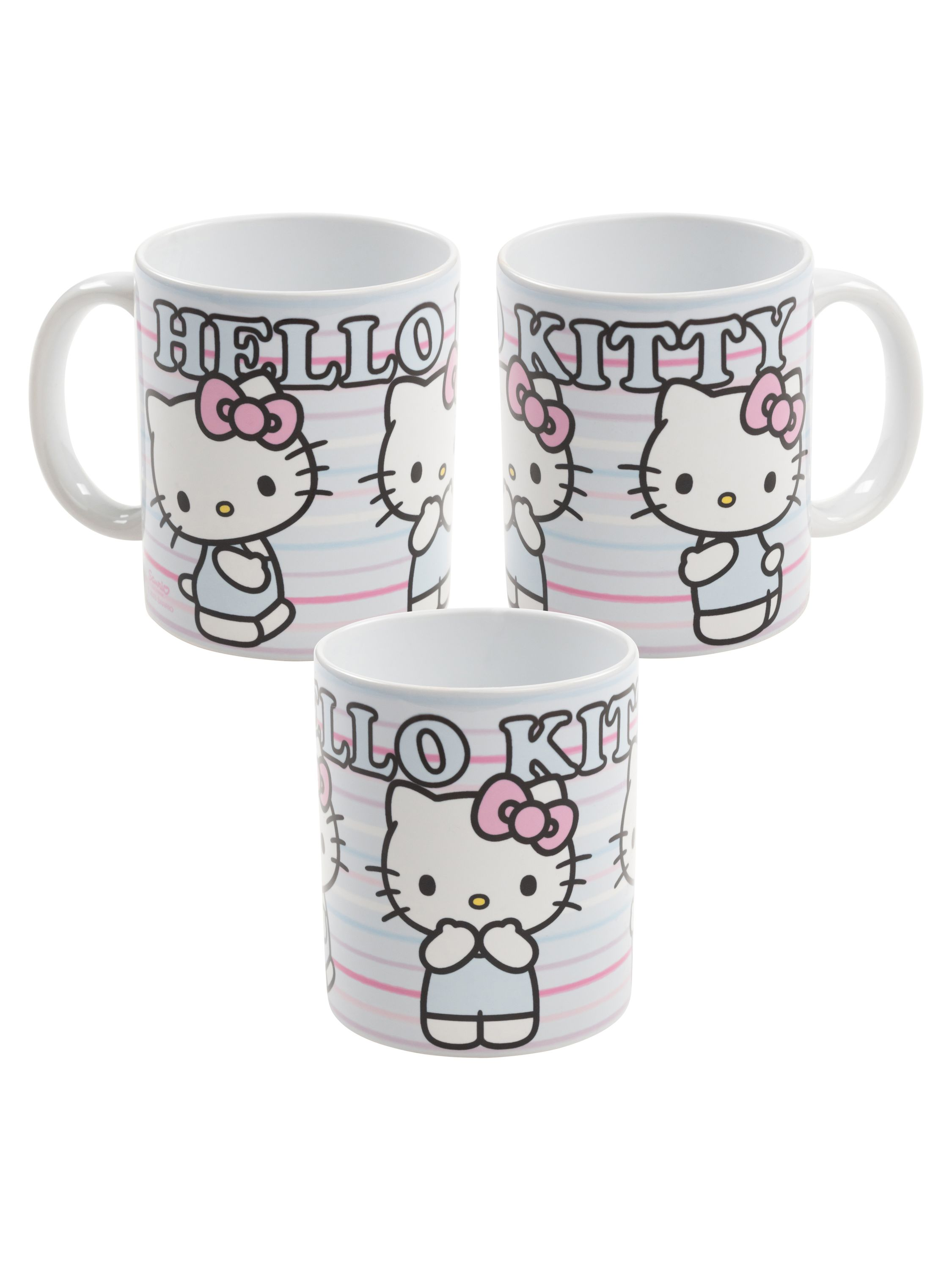 Drei Hello Kitty-Tassen zeigen die Figur auf weißem Hintergrund.