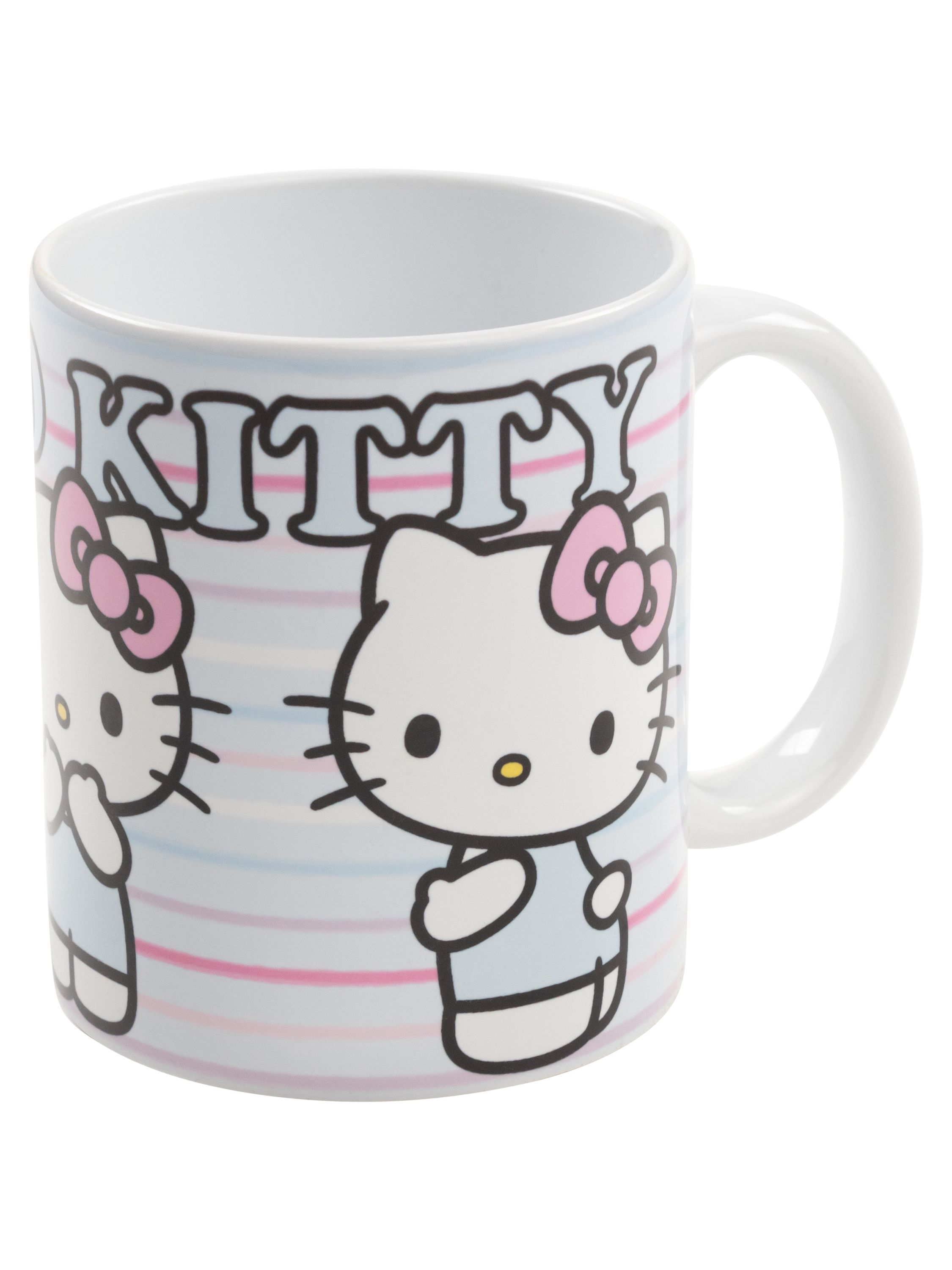 Hello Kitty-Tasse auf weißem Hintergrund. Die Tasse hat ein rosa-blaues Streifenmuster.