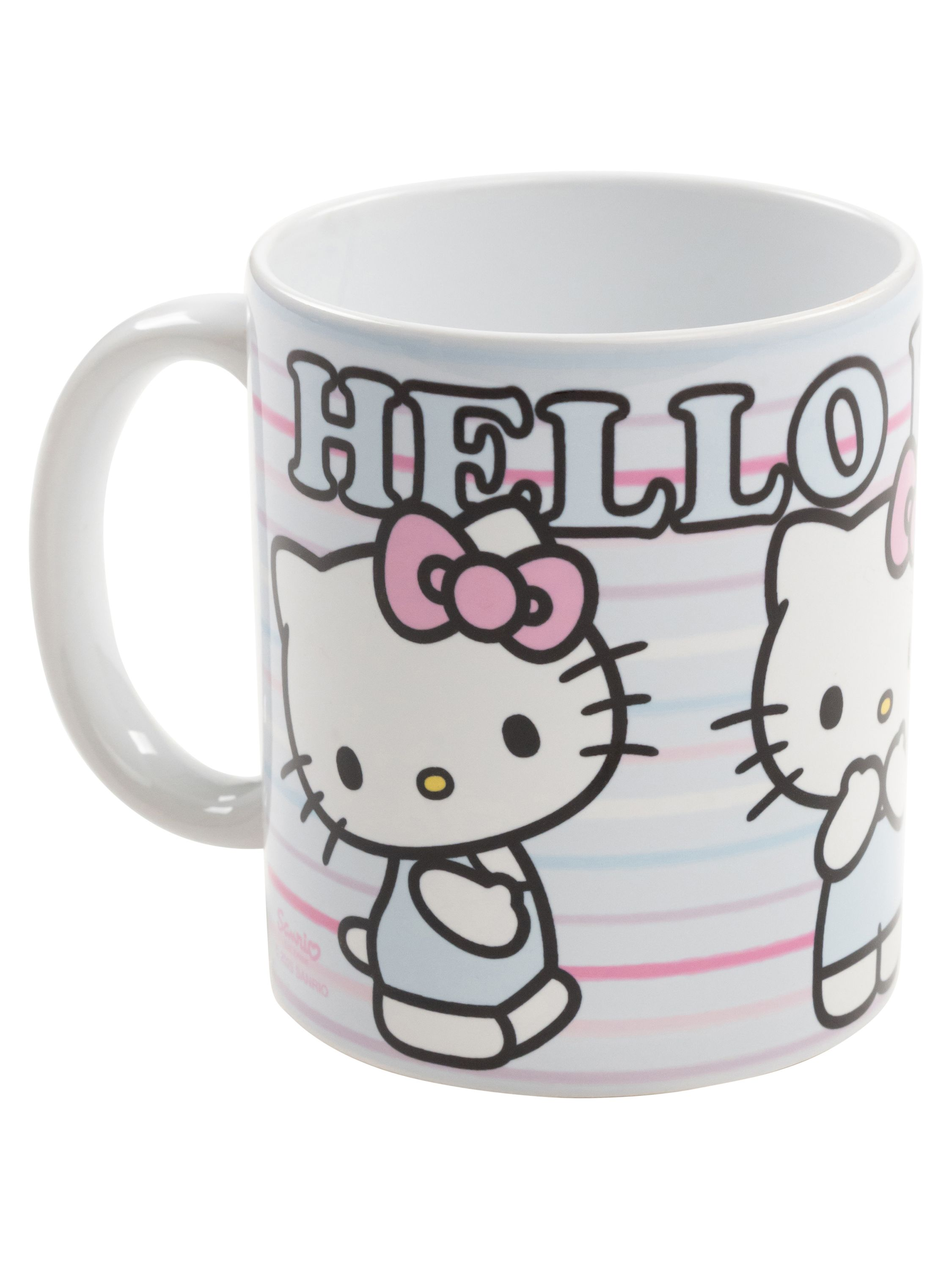 Ein weißer Becher mit dem Wort 'HELLO' und Hello Kitty-Figuren darauf. Der Becher hat einen weißen Griff und Streifen.