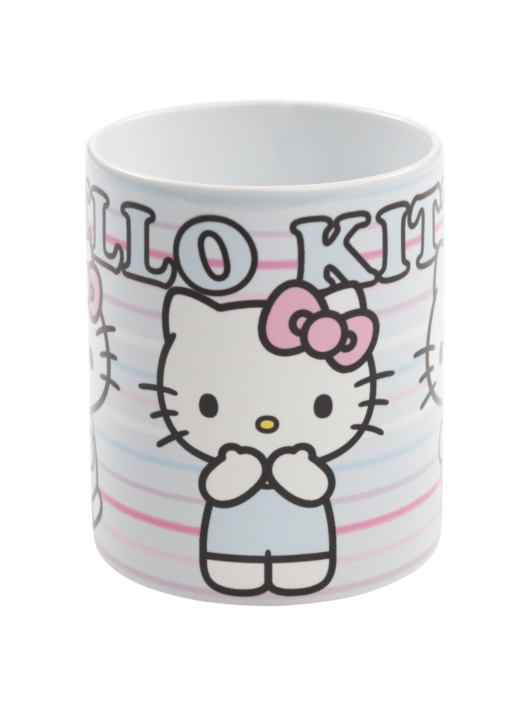 Hello Kitty-Tasse mit der Figur und blau-rosa Streifen.