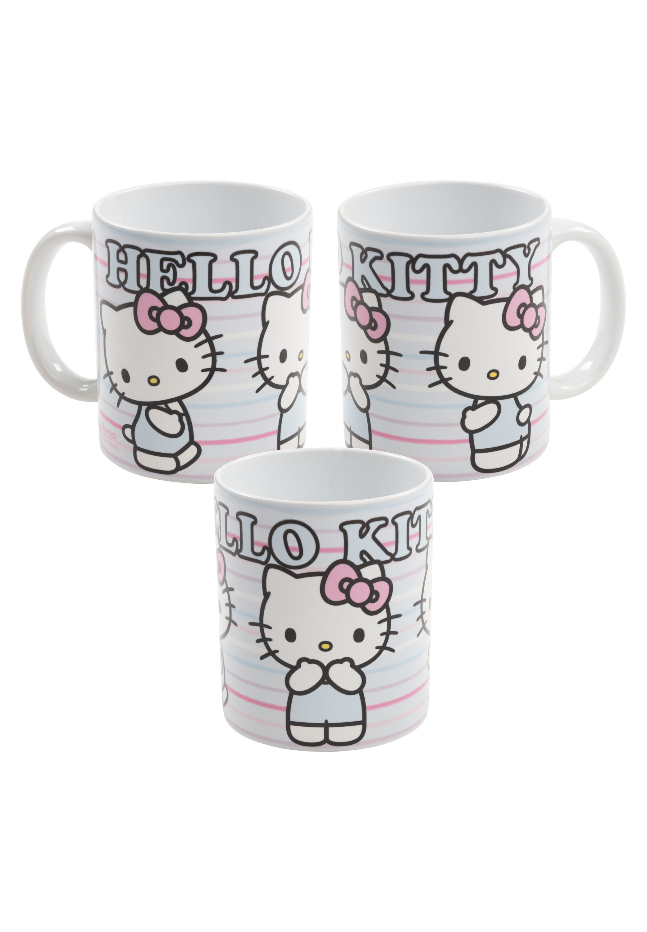 Drei Hello Kitty-Tassen. Jede Tasse hat Hello Kitty, rosa Streifen und eine Schleife.