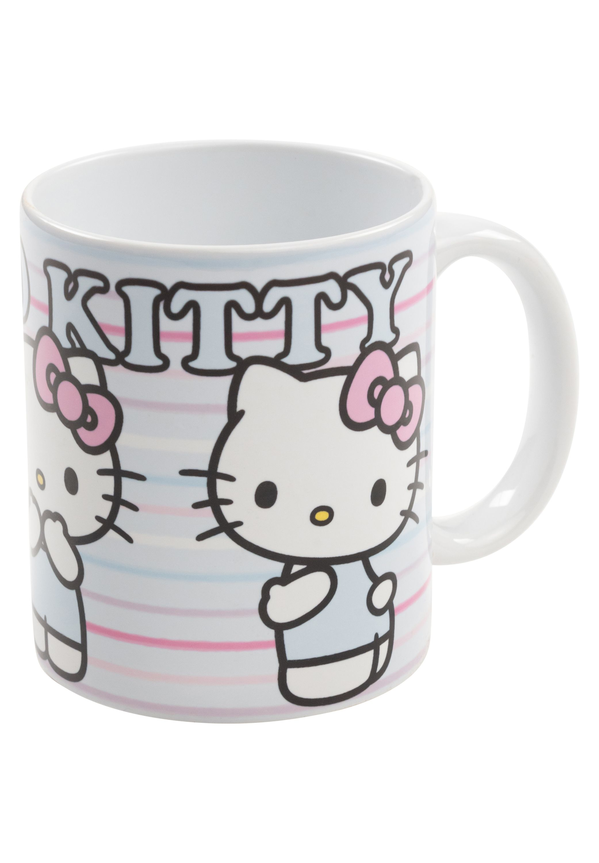 Weiße Tasse mit Hello Kitty-Design. Die Tasse hat einen Henkel, und das Design zeigt Hello Kitty.
