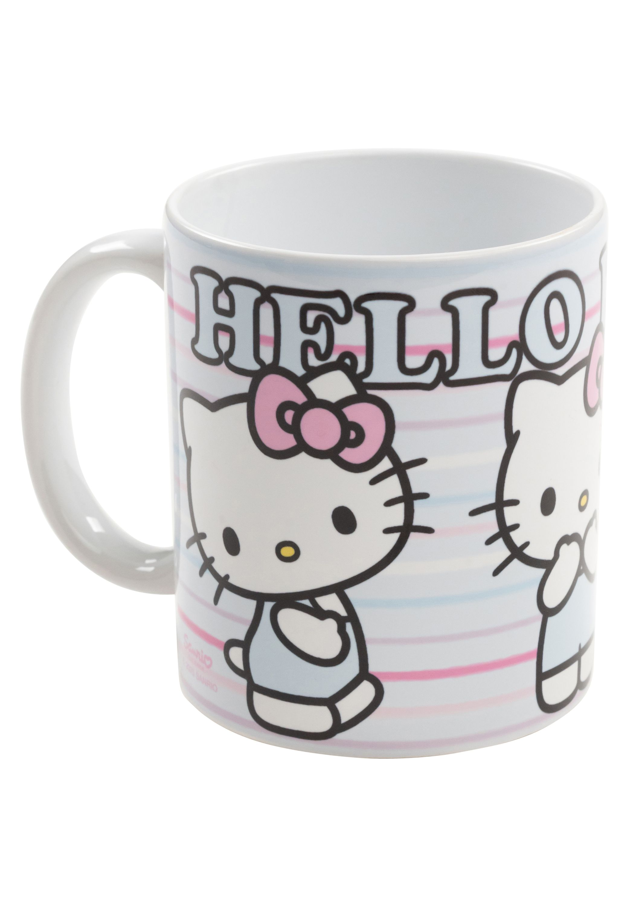 Hello Kitty-Tasse mit Hello darauf und einer rosa Schleife.