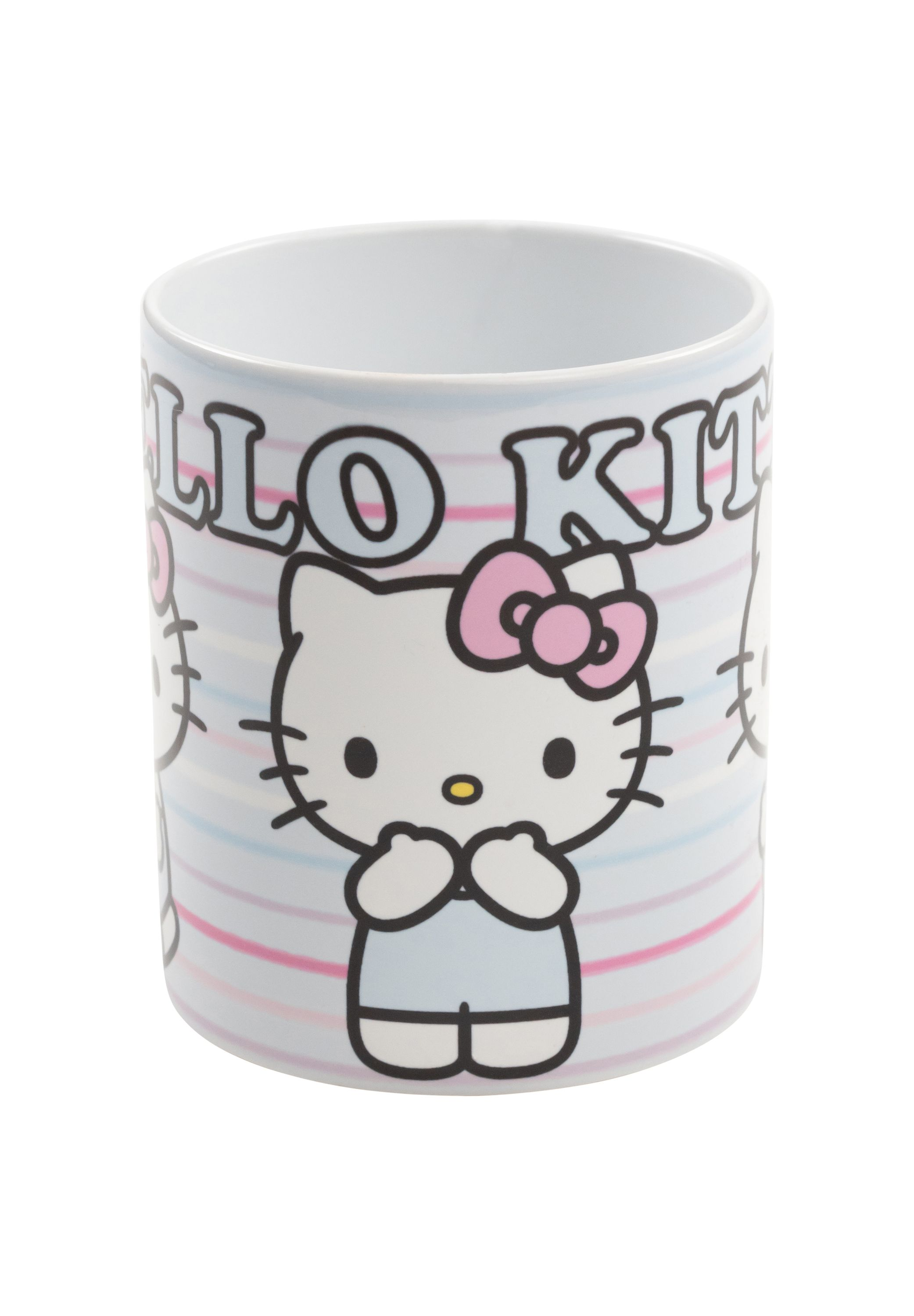 Hello Kitty-Tasse mit rosa und blauen Streifen. Hello Kittys Gesicht ist auf der Tasse zu sehen.