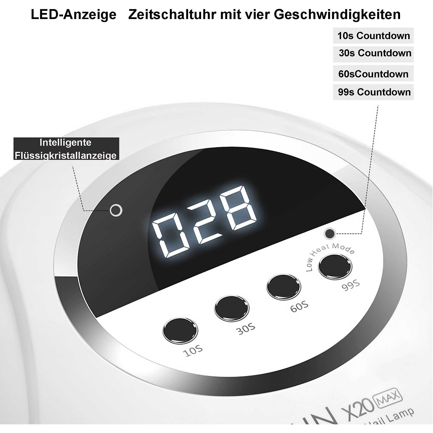 Nahaufnahme eines Bedienfelds einer Nagellampe. Tasten für Zeiteinstellungen. Der Hintergrund ist weiß.