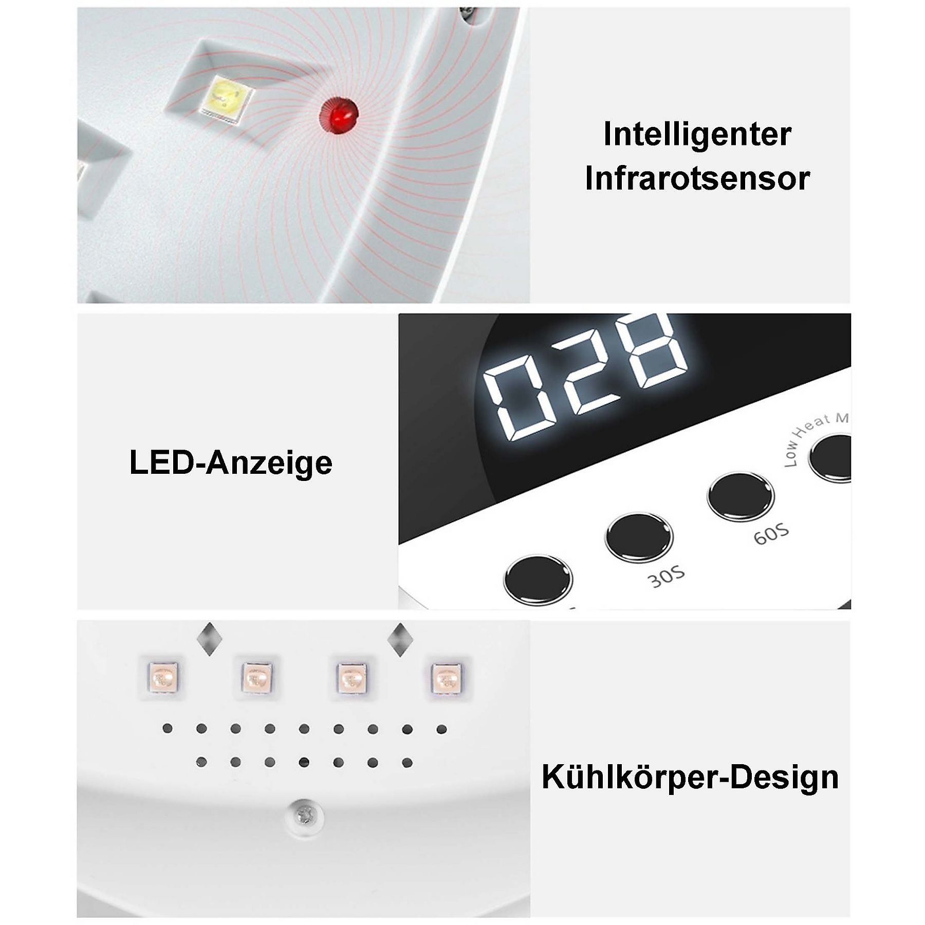 Nahaufnahme eines weißen Geräts mit digitaler Anzeige, Knöpfen und rotem Licht.