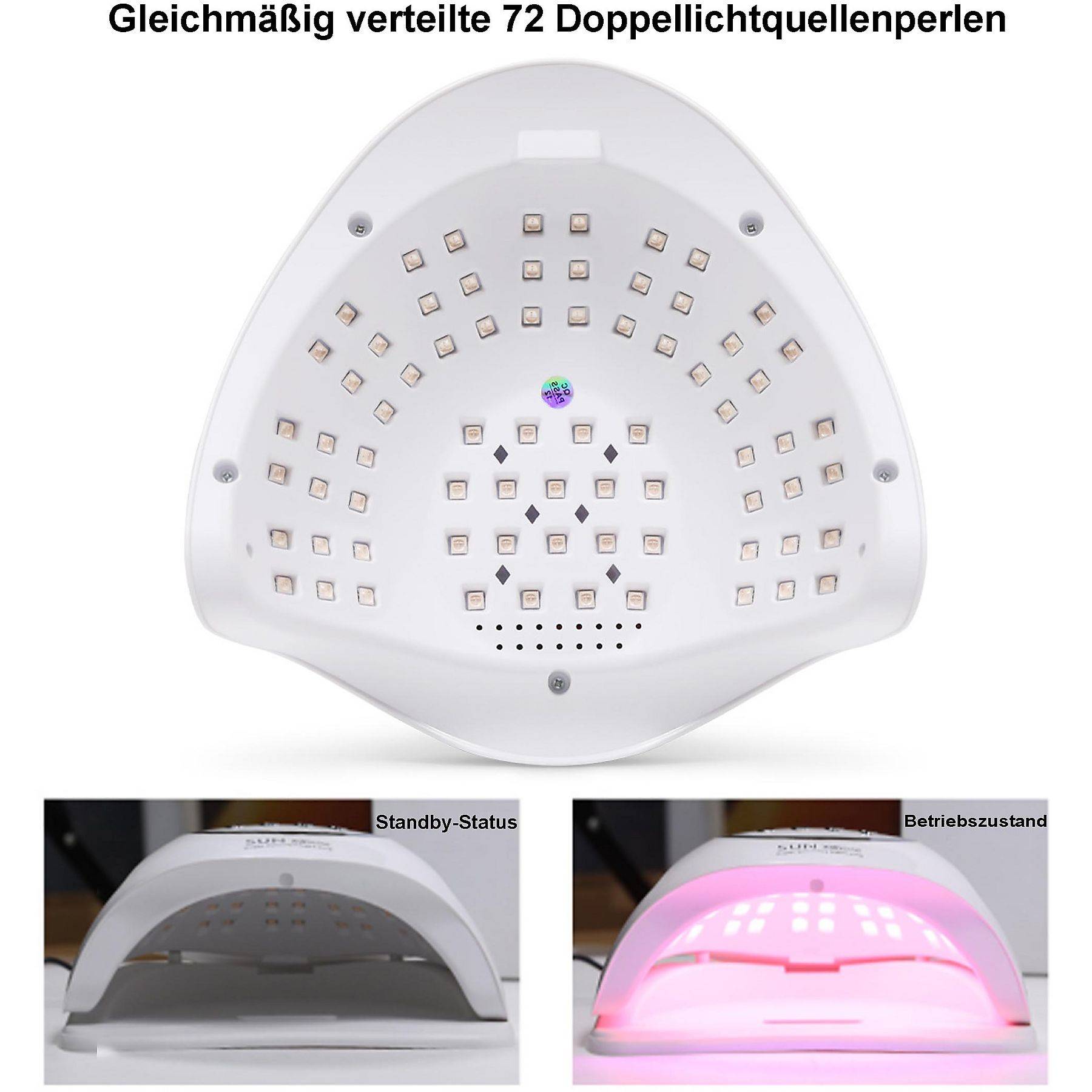 Eine weiße Nagellampe mit mehreren LEDs im Inneren. Zwei kleinere Bilder zeigen sie eingeschaltet.