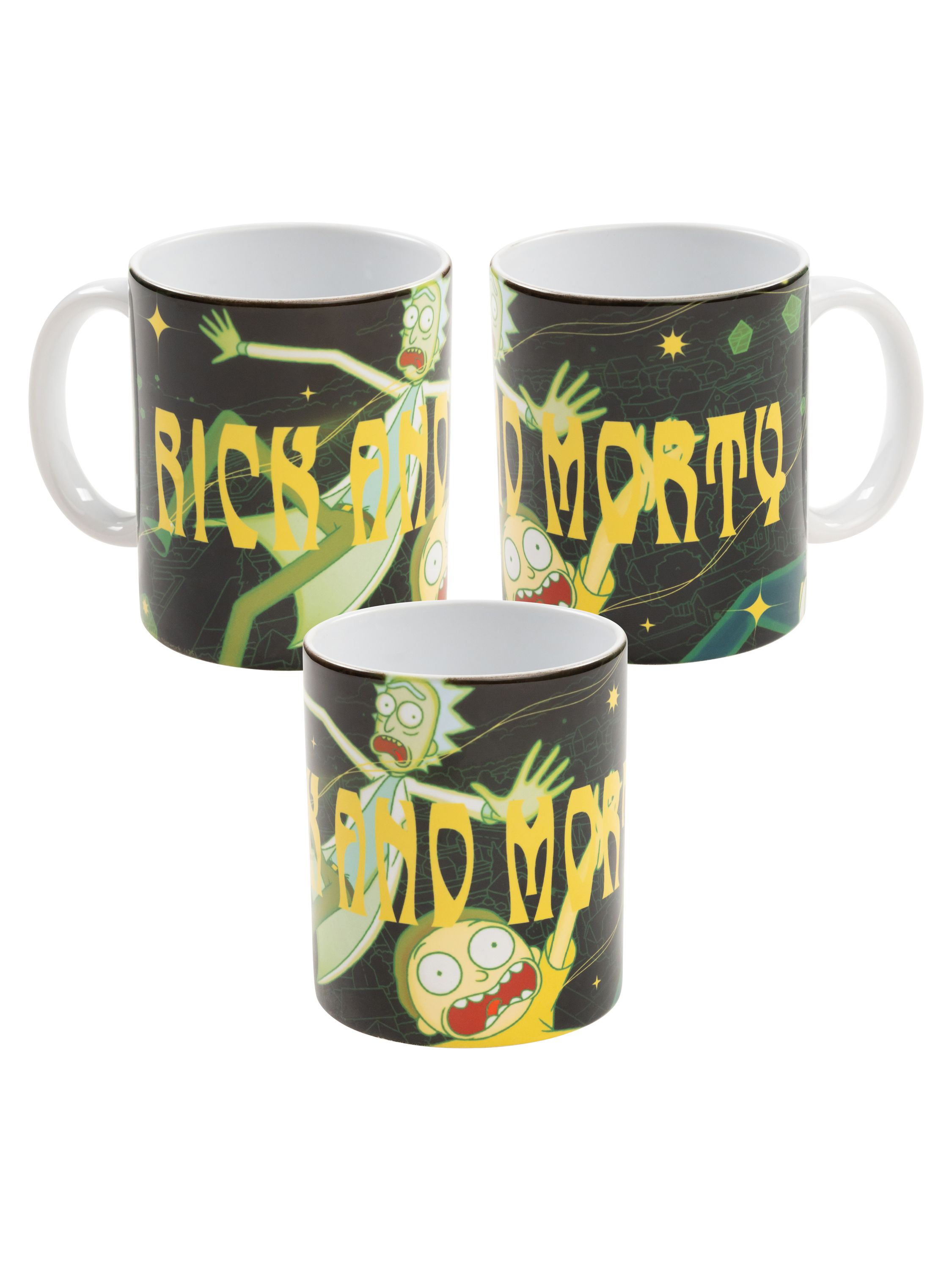 Drei Tassen mit Rick und Morty-Design auf schwarzem Hintergrund und weißem Innenraum.