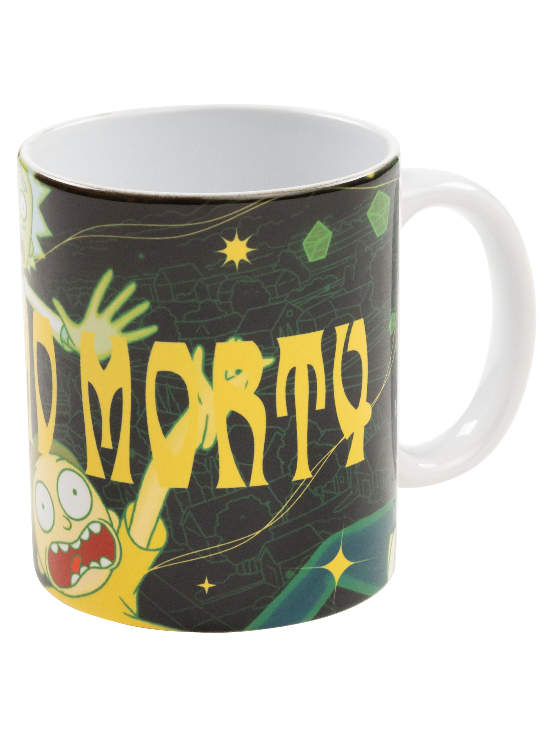 Eine Tasse mit 'RICK AND MORTY' und Charakterillustrationen auf schwarzem Hintergrund, weißer Griff.