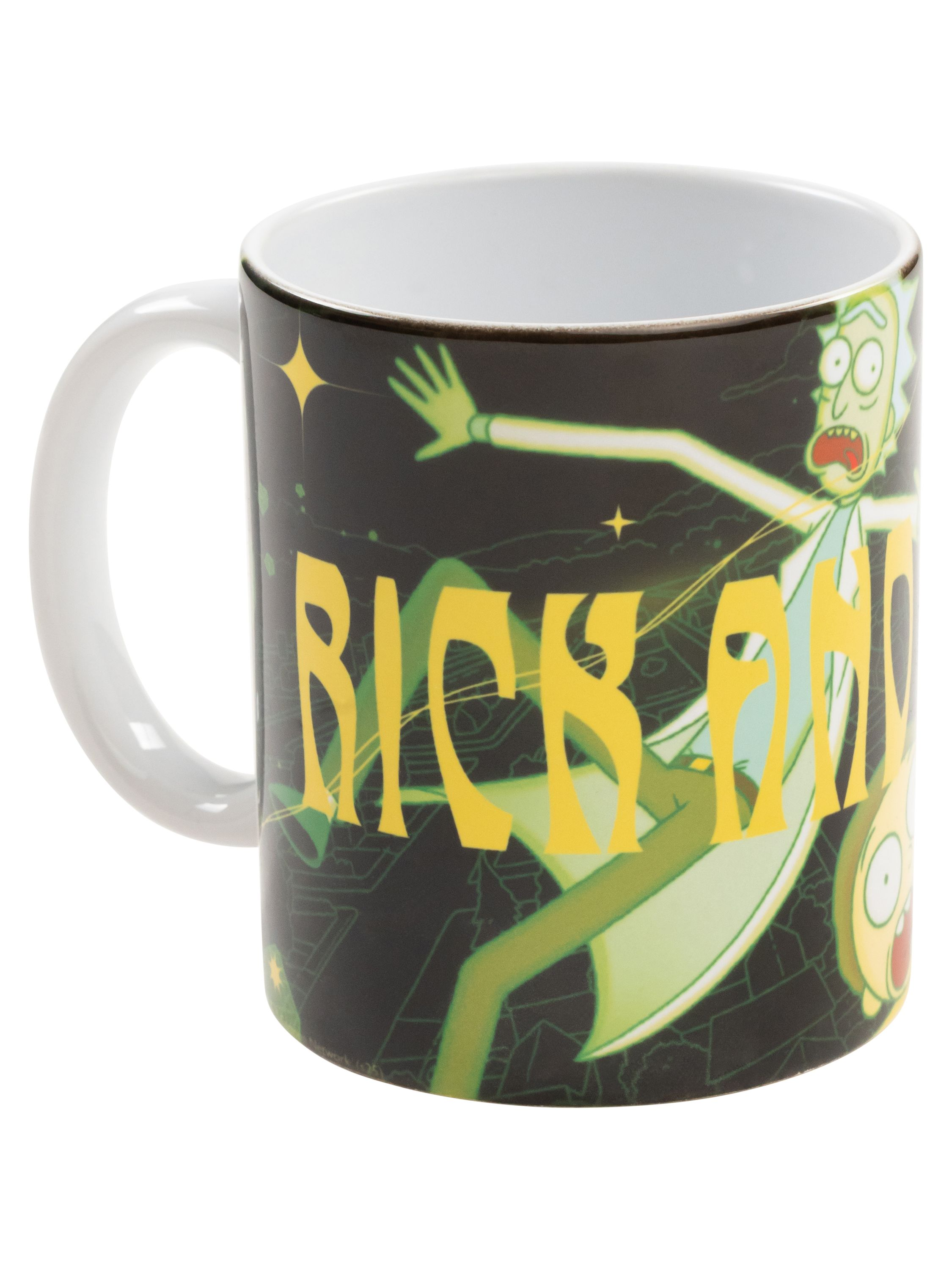 Rick and Morty Tasse mit den Charakteren auf schwarzem und grünem Hintergrund.