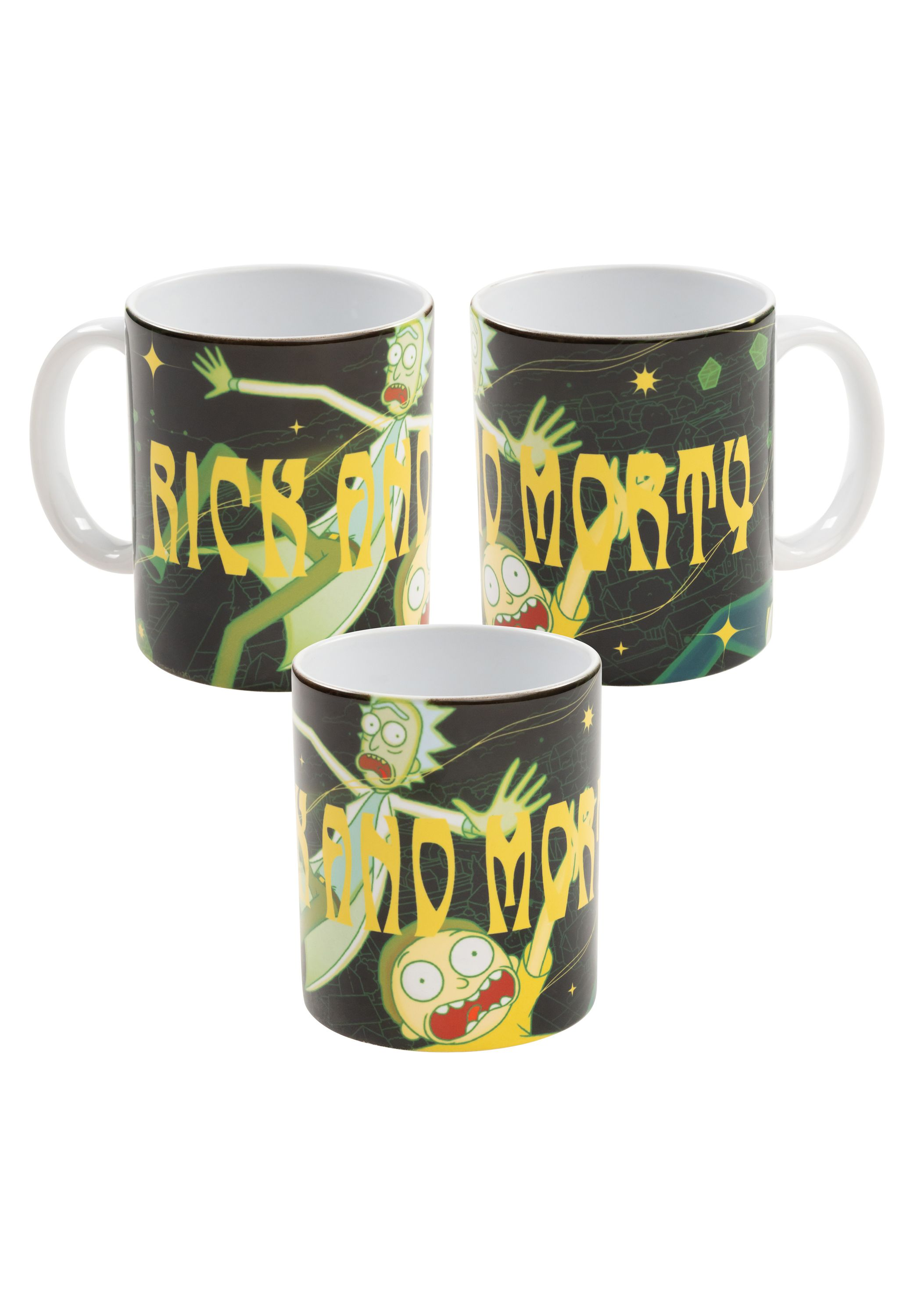 Tassen mit Rick und Morty-Charakteren in Gelb auf schwarzem Hintergrund.