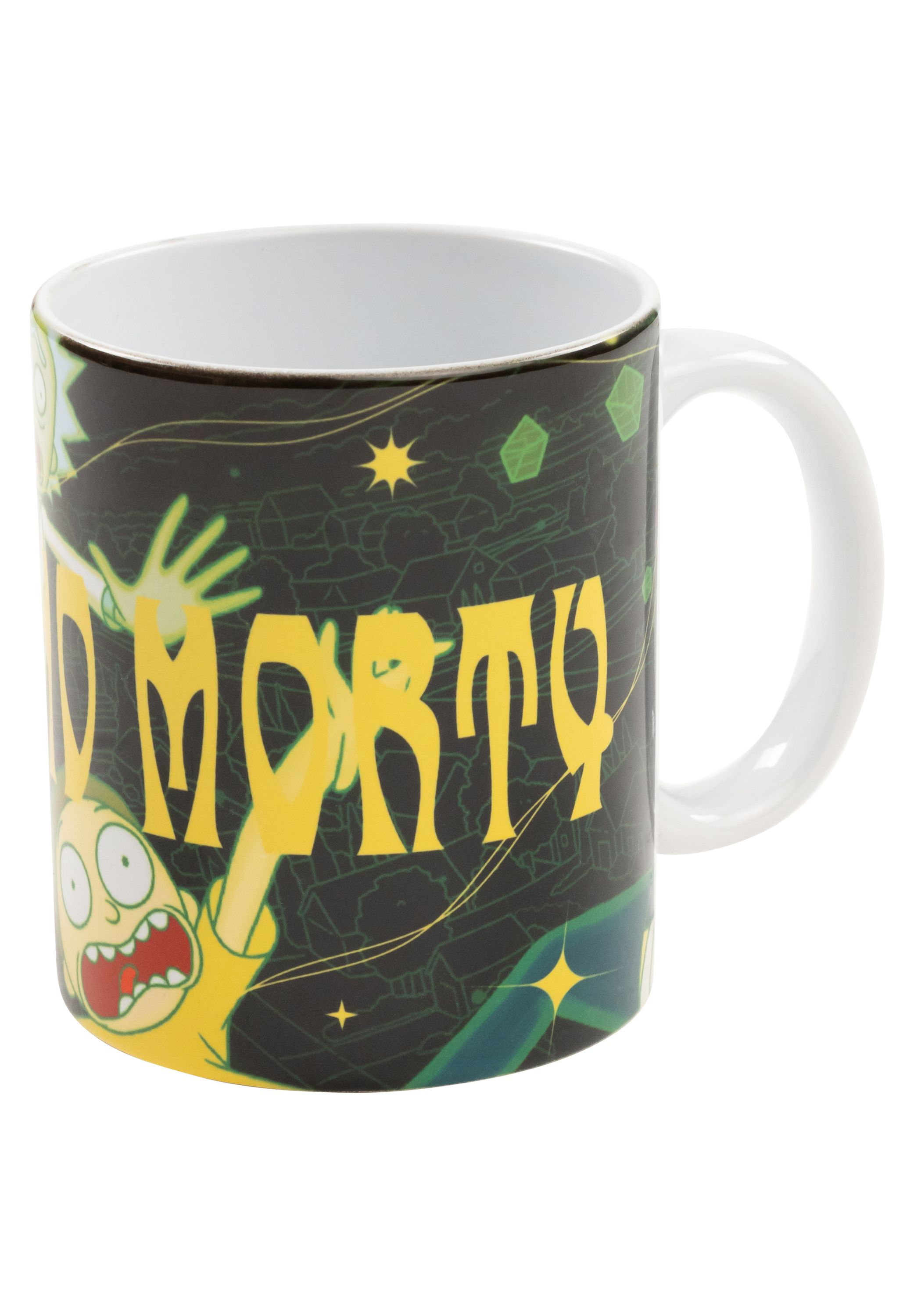 Eine Rick and Morty Tasse mit Figuren und dem Titel der Show auf schwarzem und grünem Hintergrund.