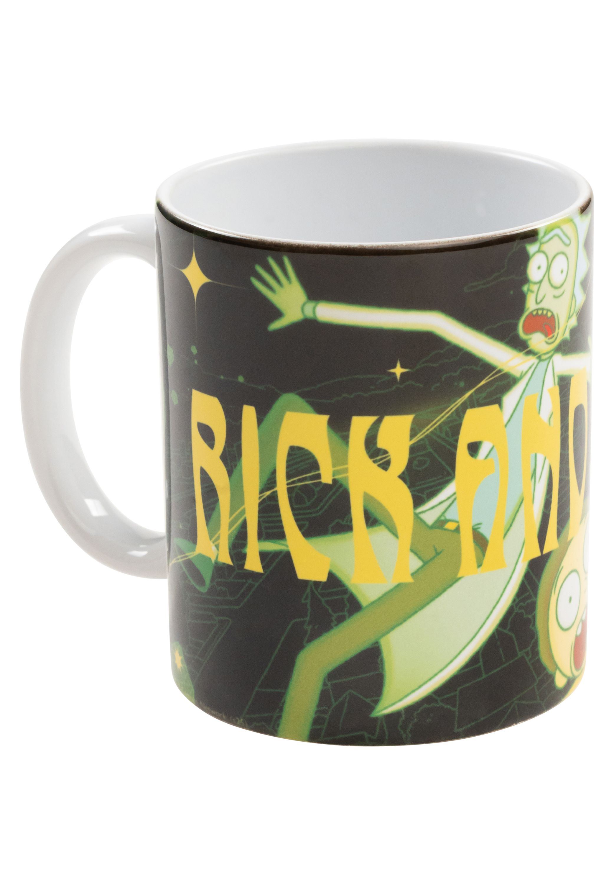 Rick-und-Morty-Tasse mit einer Cartoon-Illustration und dem Logo der Show.