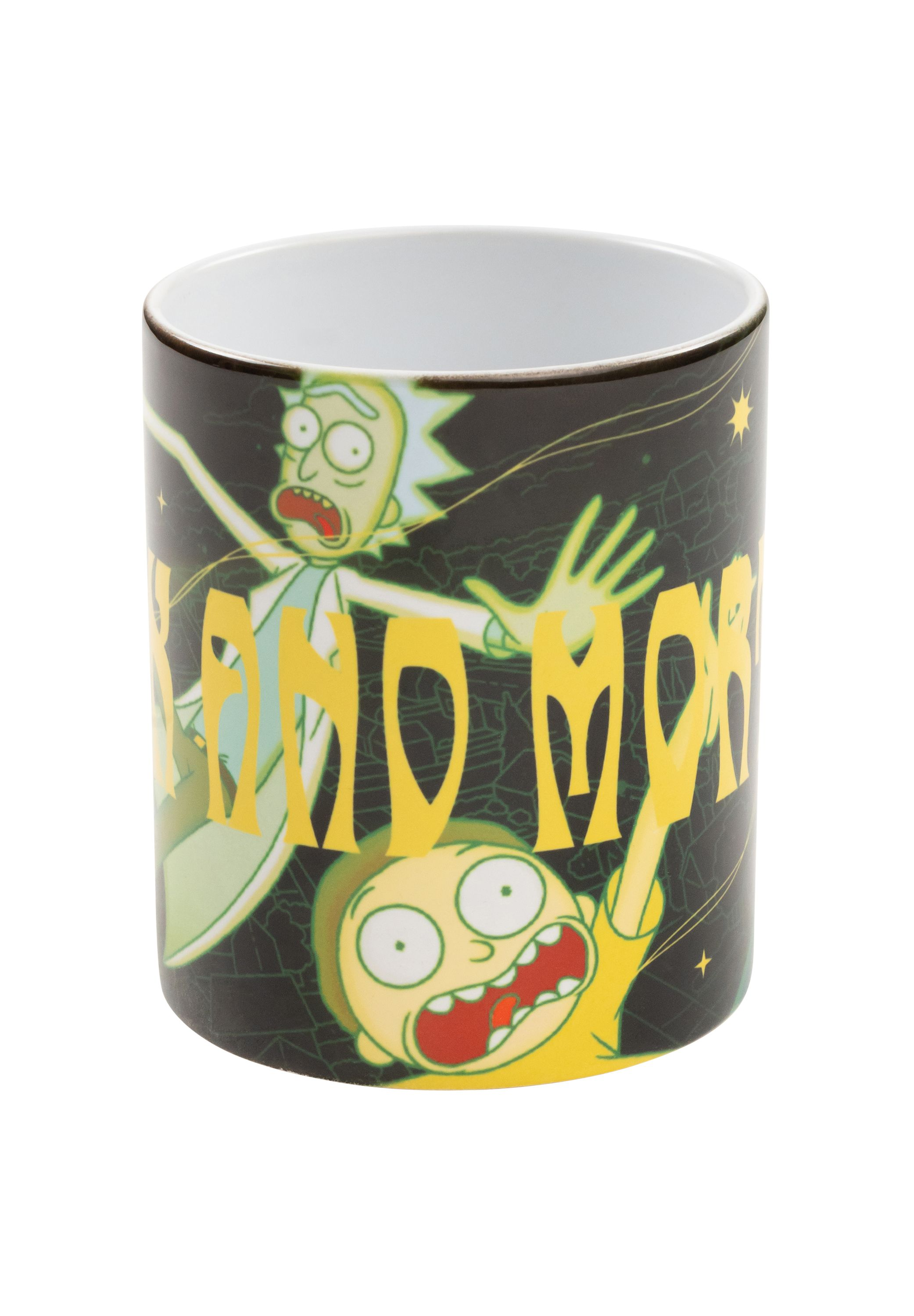 Eine Tasse mit Rick- und Morty-Charakteren und den Worten Rick und Morty.
