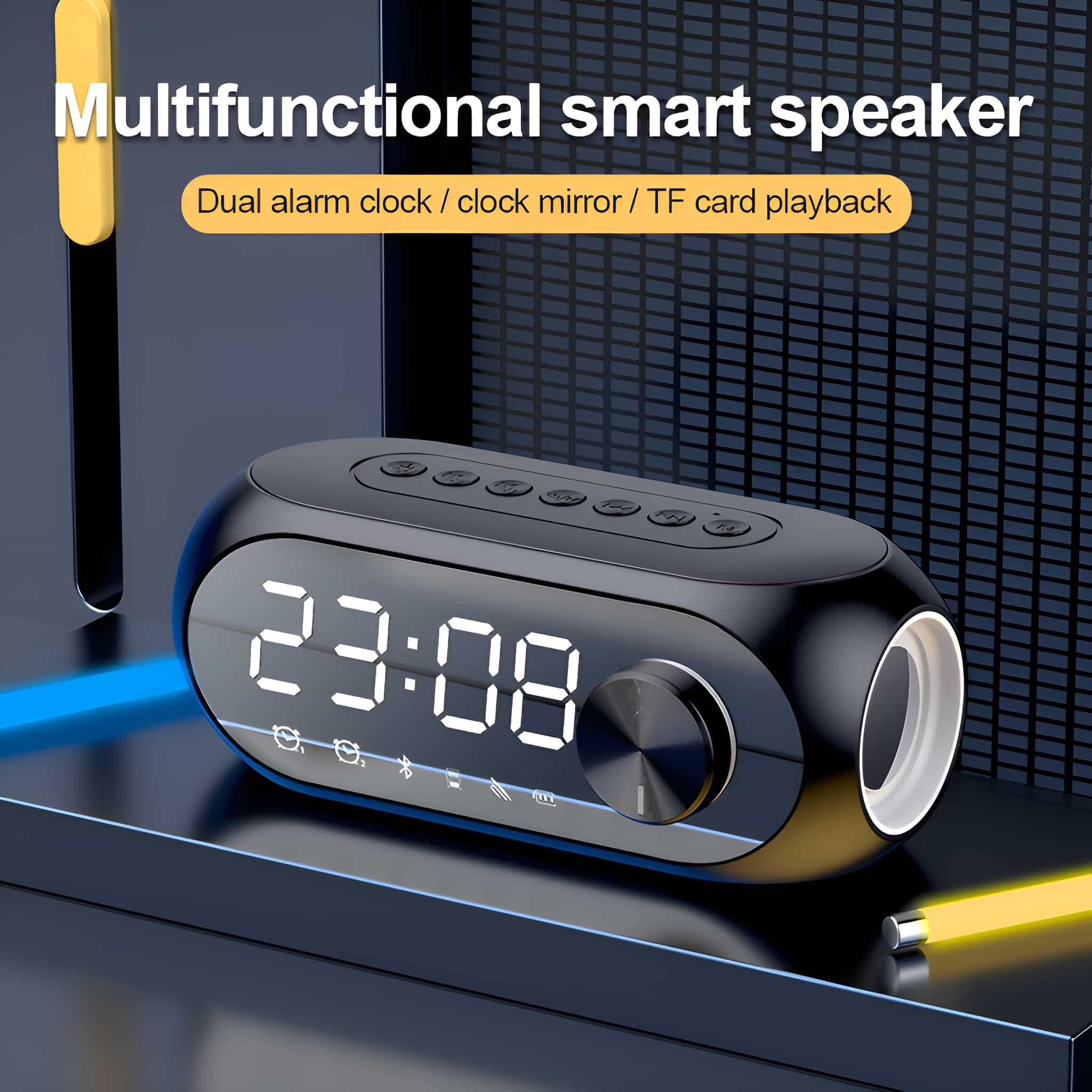 Schwarzer Smart-Lautsprecher mit Digitaluhr, die 23:08 anzeigt, auf einem Regal mit blauen und gelben Akzenten.