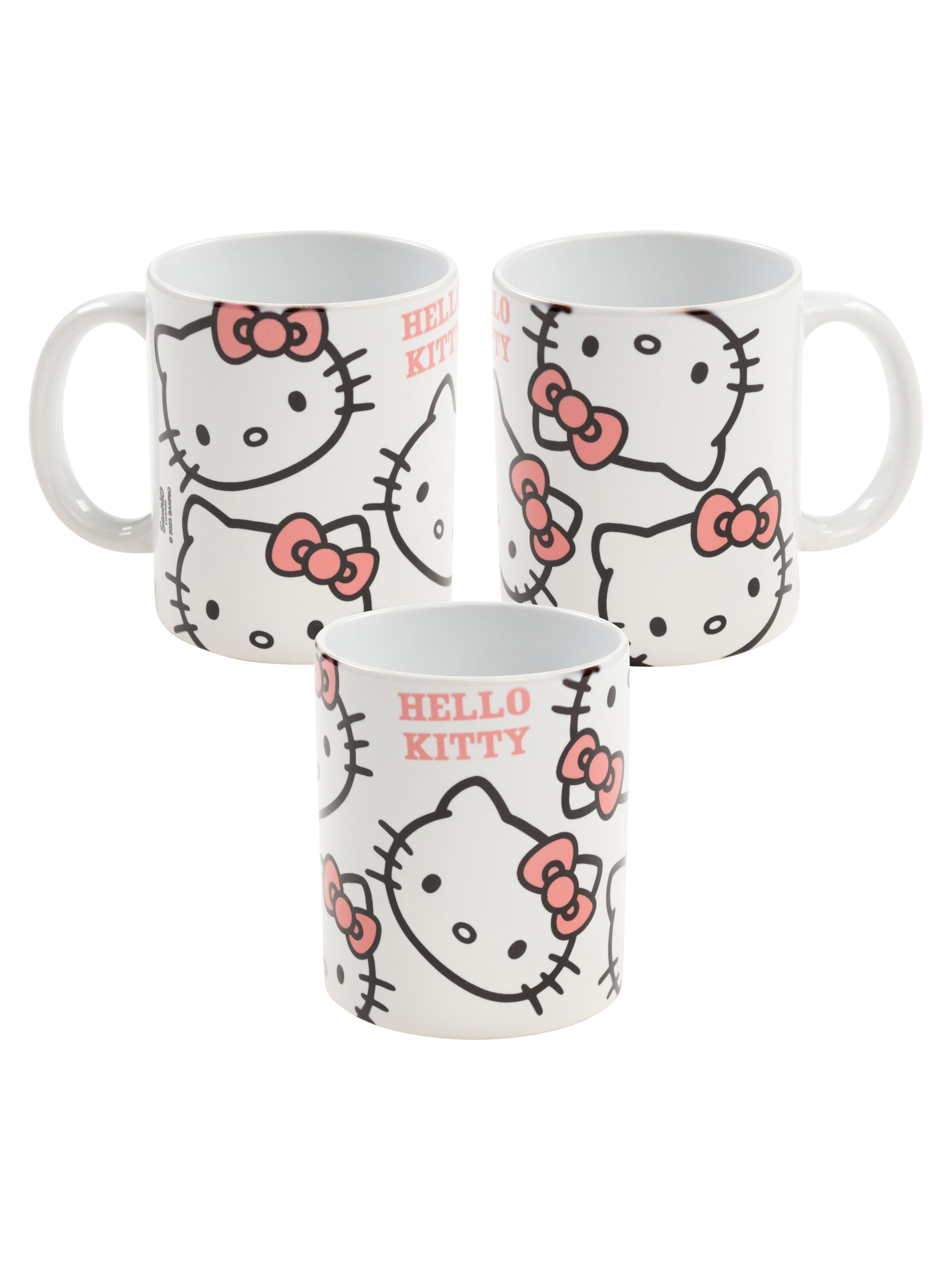 Drei Hello Kitty-Tassen werden mit Hello Kitty-Gesichtern gezeigt. Eine Tasse wird von der Seite und von oben gezeigt.