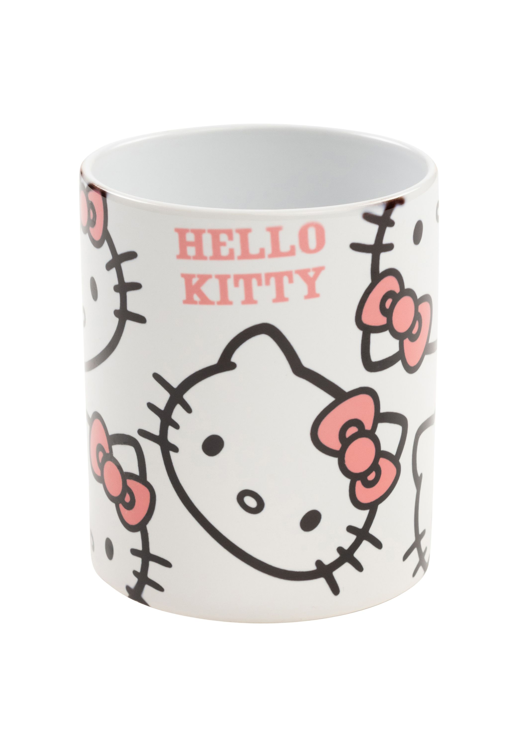 Eine weiße Hello Kitty-Tasse mit mehreren Hello Kitty-Gesichtern und Schleifen.