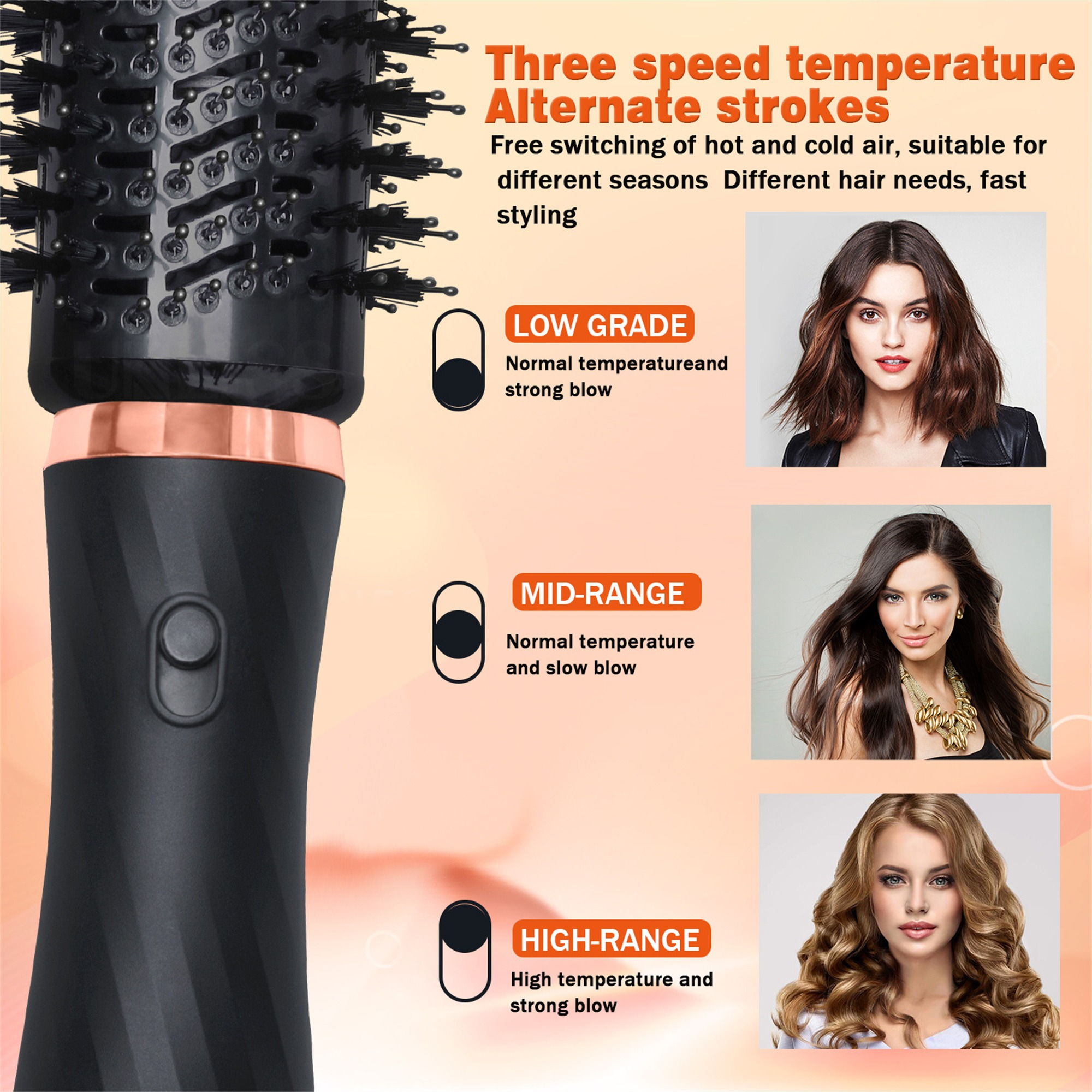Haarstylingbürste mit drei Temperatureinstellungen und Bildern von Frauen.