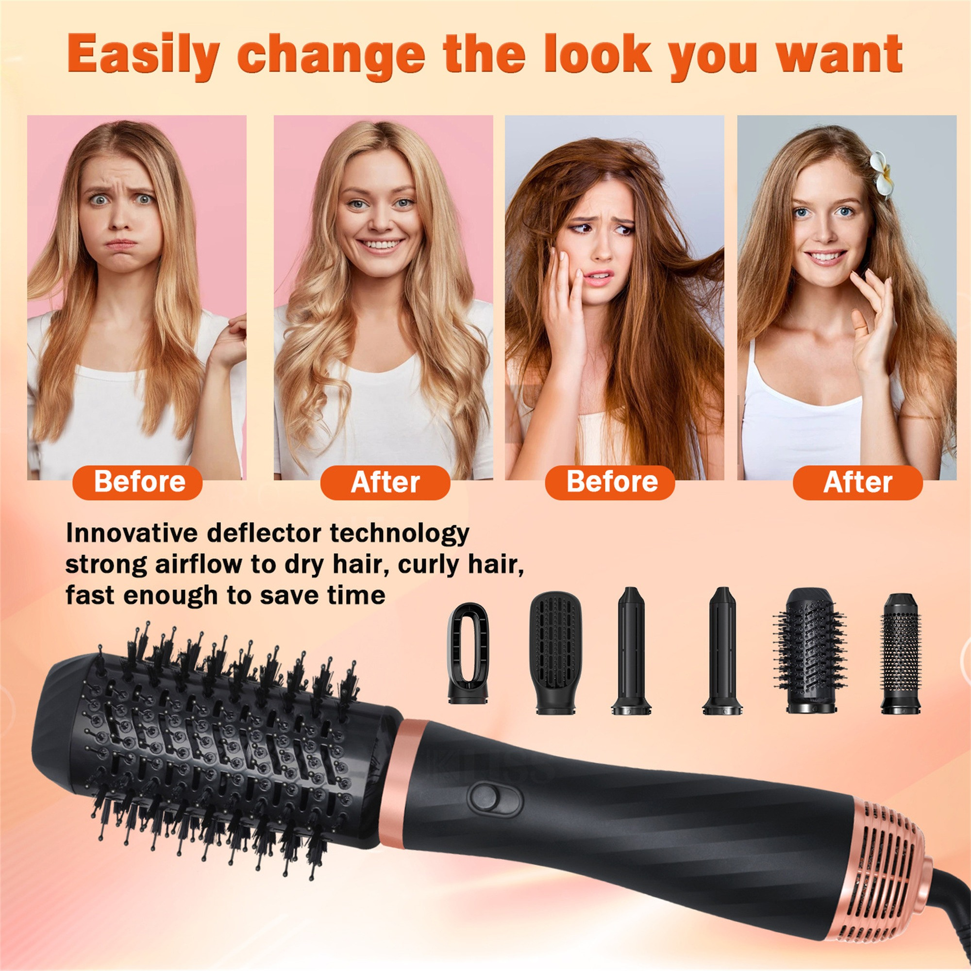 Haarbürste mit Vorher-Nachher-Bildern von Haaren, verschiedene Bürstenköpfe.