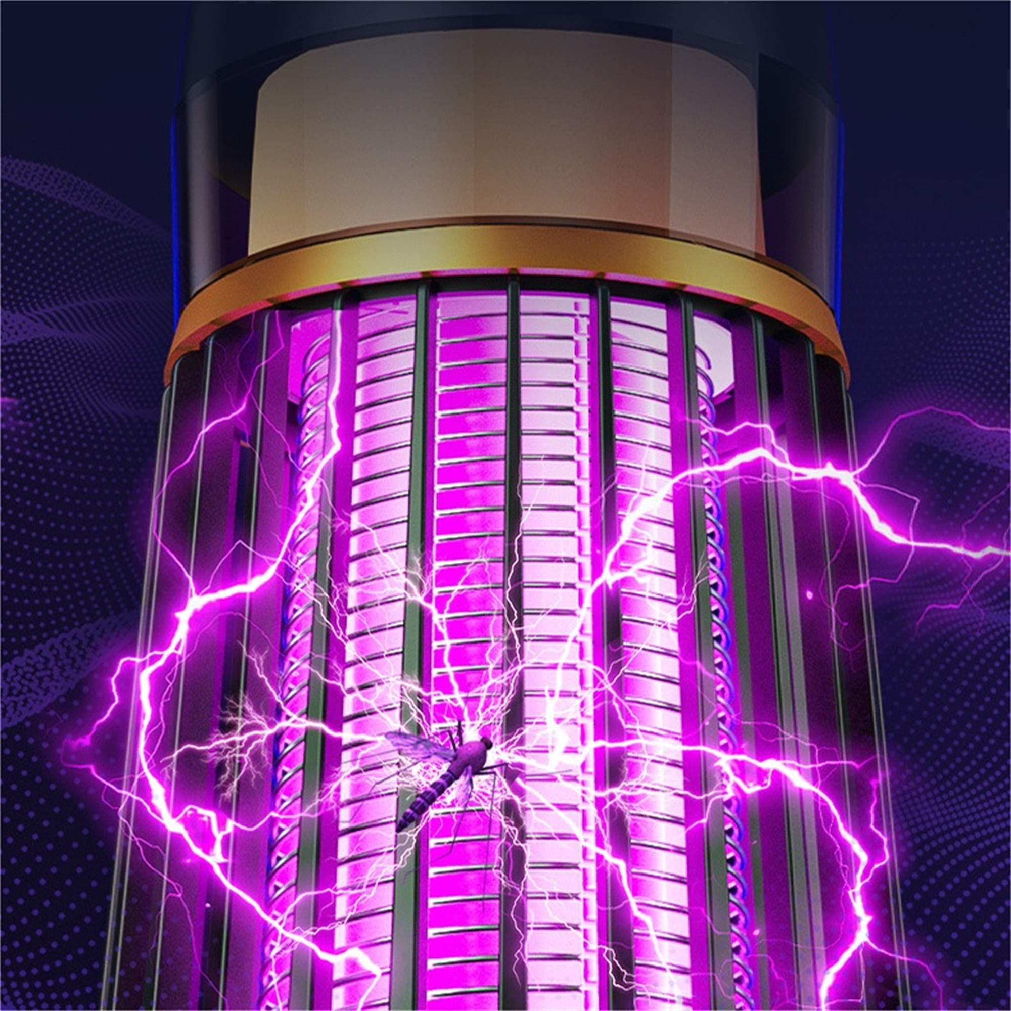 Nahaufnahme eines Insekts, das von einem violetten Elektrogerät mit Blitzeffekten zappt wird.