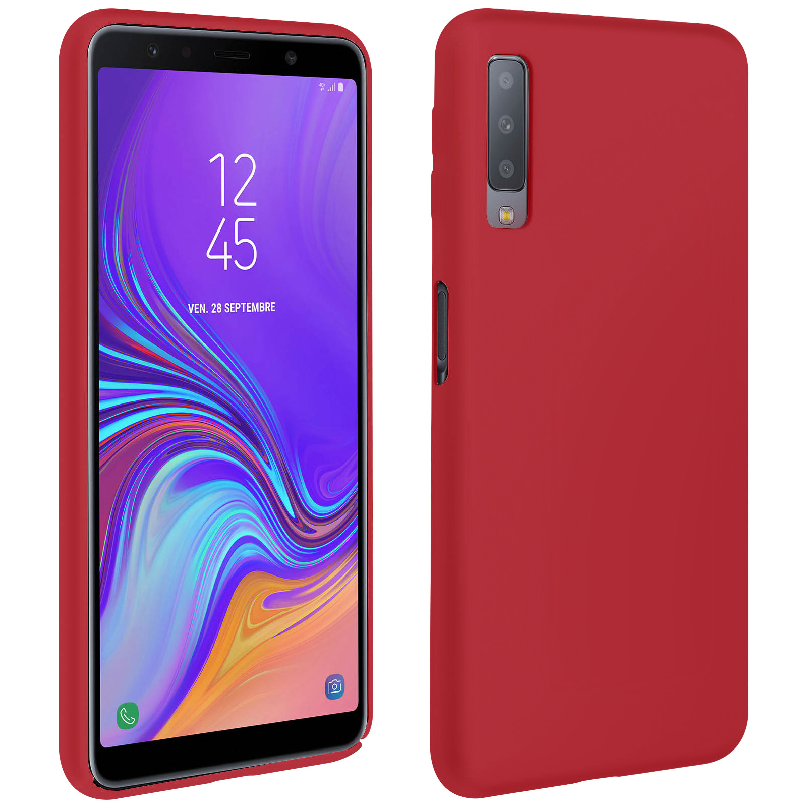 Rotes Smartphone mit Bildschirm, der Zeit und Datum anzeigt. Rote Hülle auf dem Telefon.
