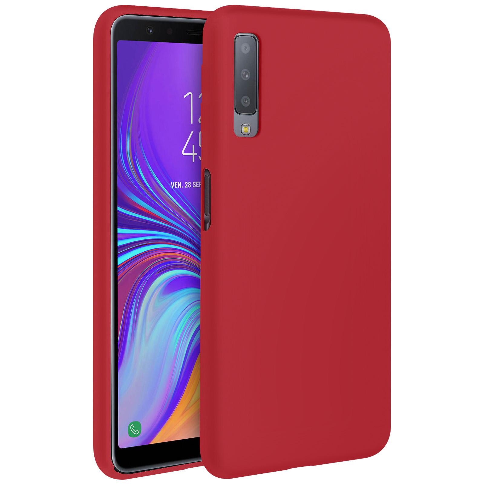 Rote Handyhülle auf einem Telefon. Telefon zeigt einen Startbildschirm mit Uhrzeit und Datum.