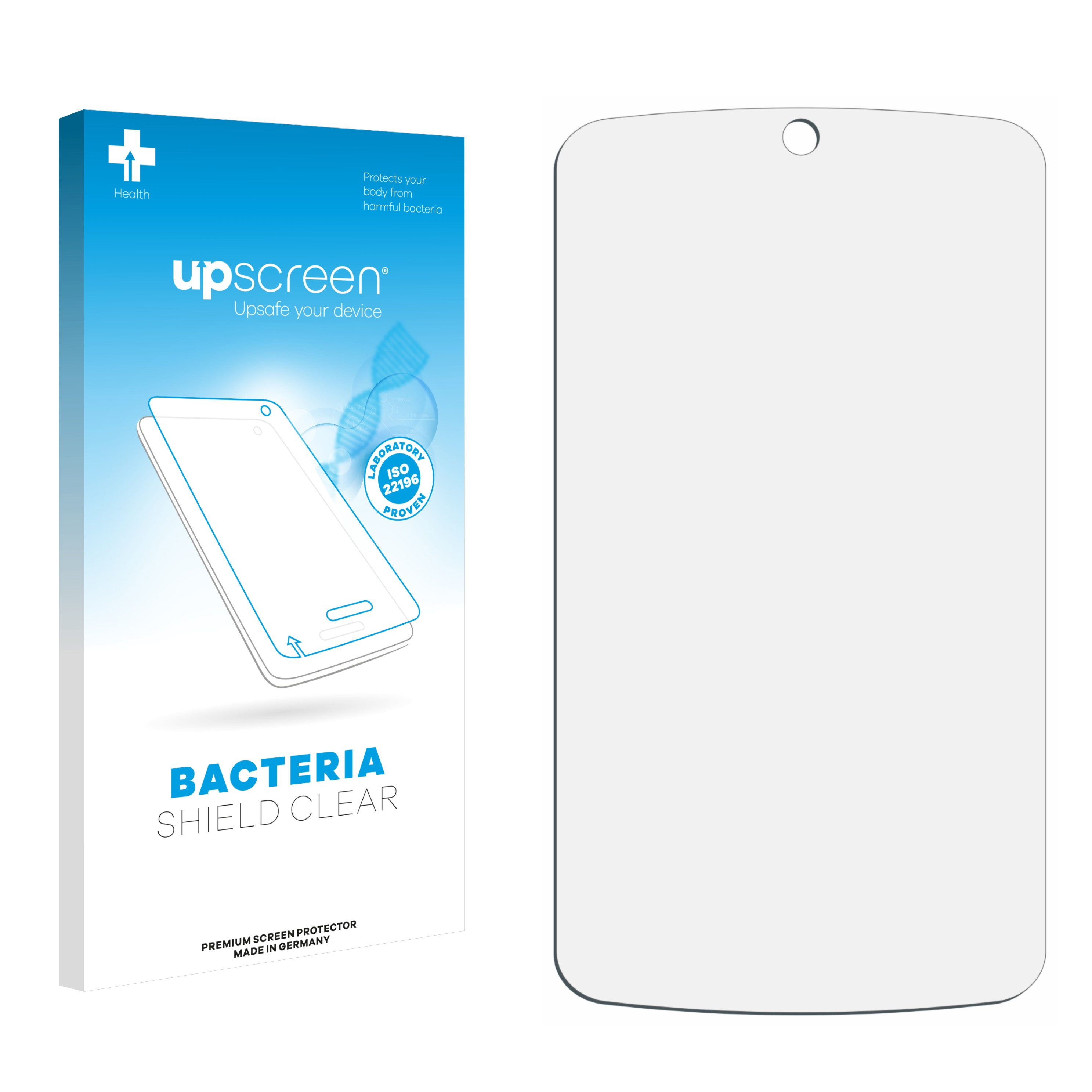 Eine transparente Displayschutzfolie und ihre Verpackung. Die Box zeigt eine Telefonkontur und gibt an, dass sie vor Bakterien schützt.