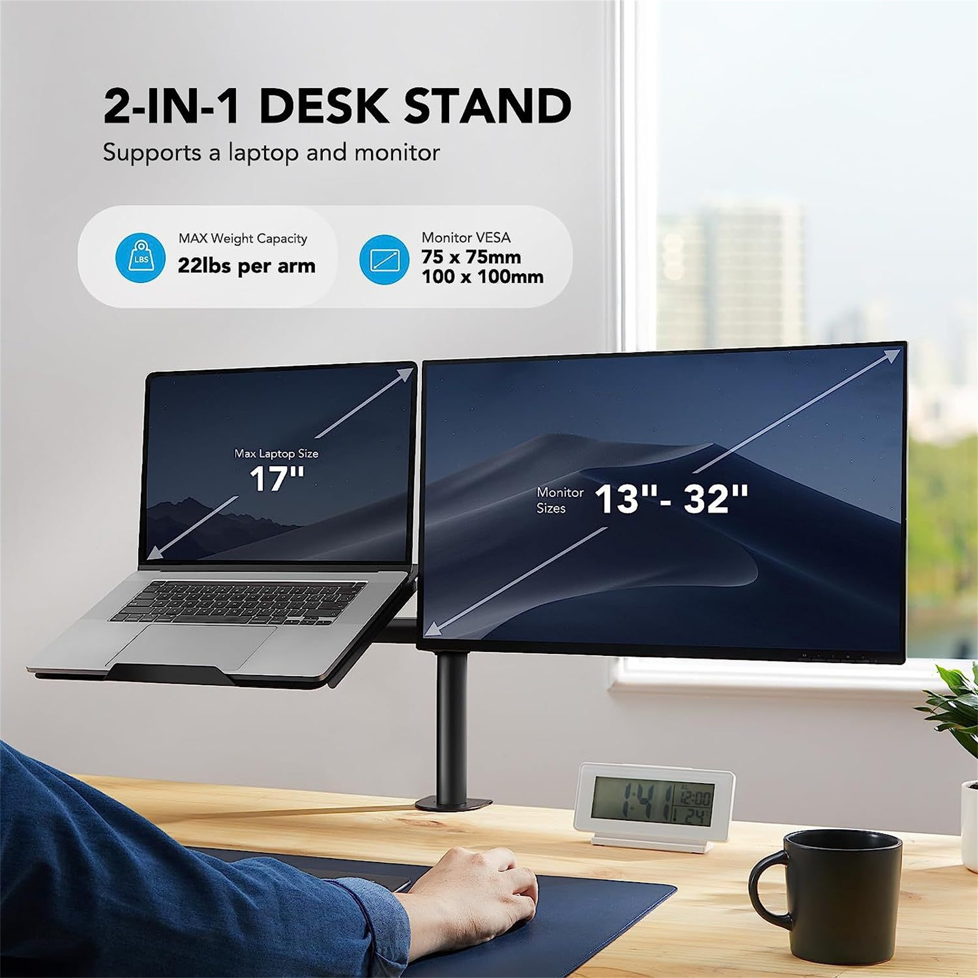Ein Schreibtischständer mit Laptop und Monitor. Monitorgröße 13-32 Zoll.