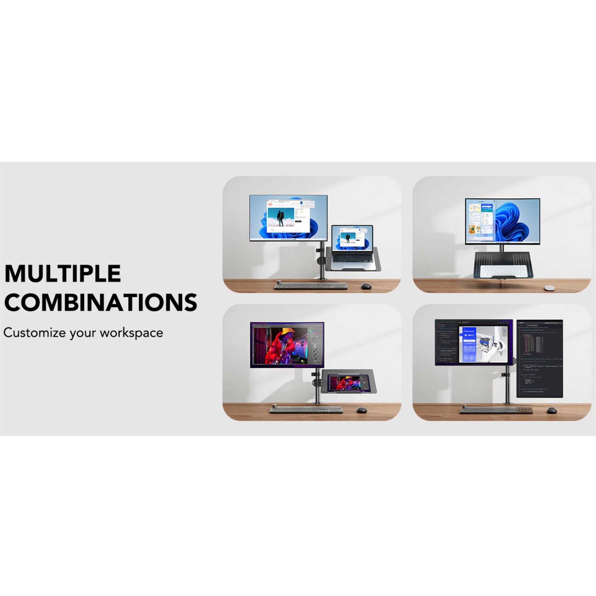 Bilder zeigen mehrere Monitor-Setups mit Laptops und Tastaturen auf Holztischen.