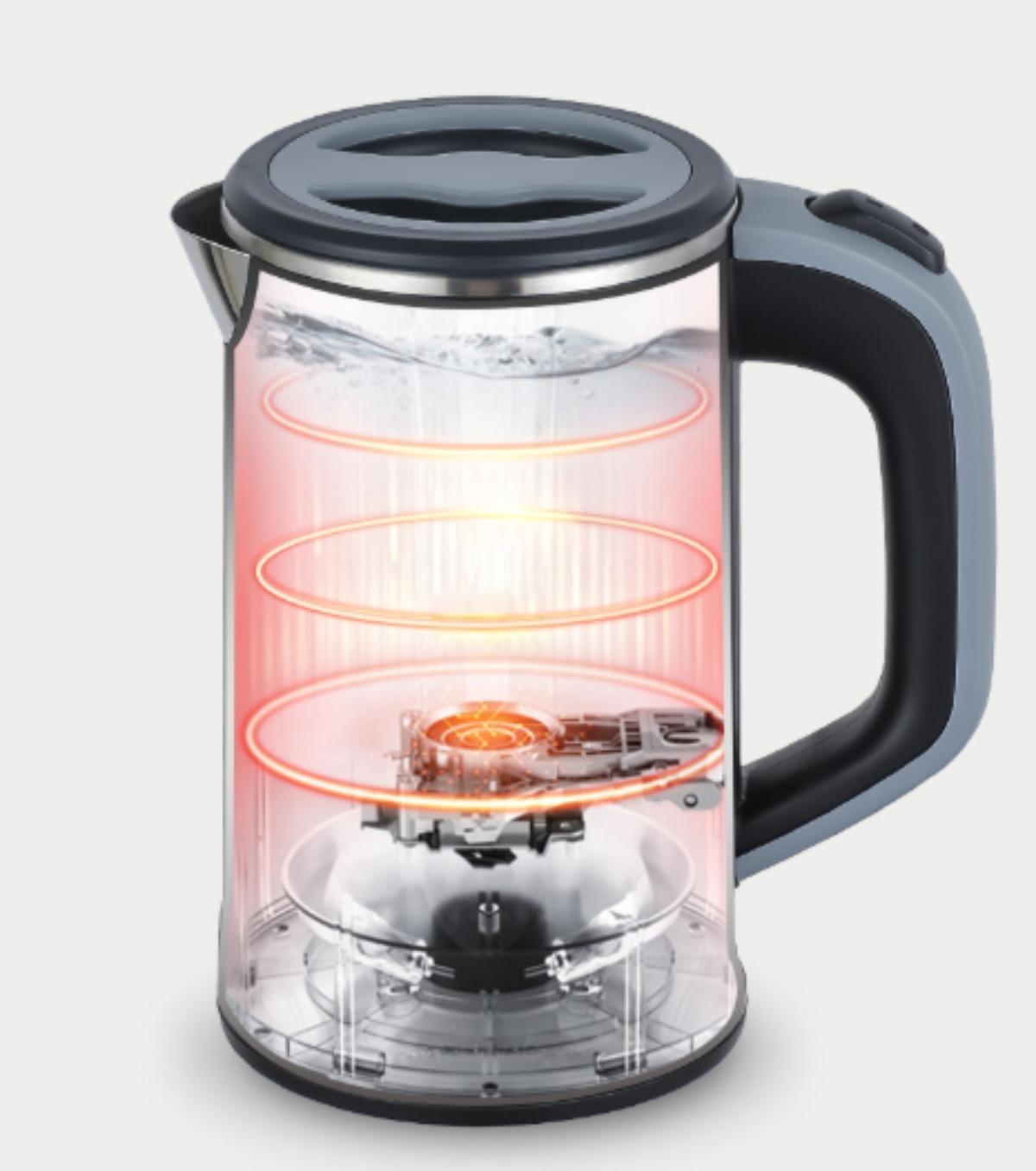 Transparenter Wasserkocher mit Wasser und sichtbaren roten Heizelementen. Griff ist schwarz und grau.