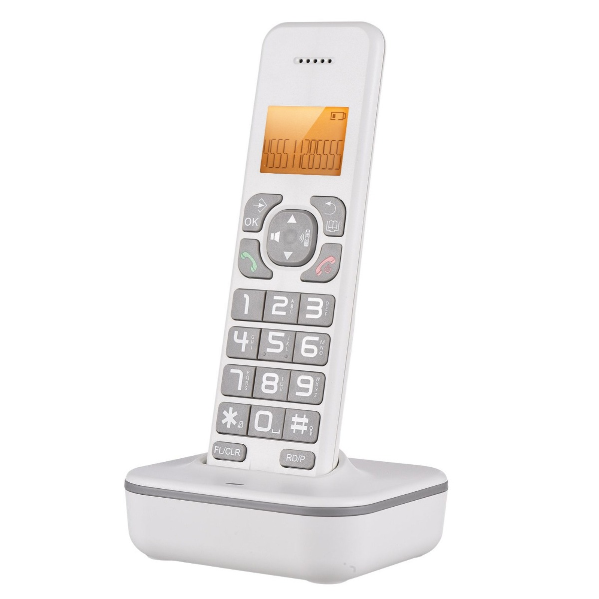 Ein weißes schnurloses Telefon auf seiner Basis. Das Telefon hat einen Bildschirm und nummerierte Tasten. Die Basis ist grau.