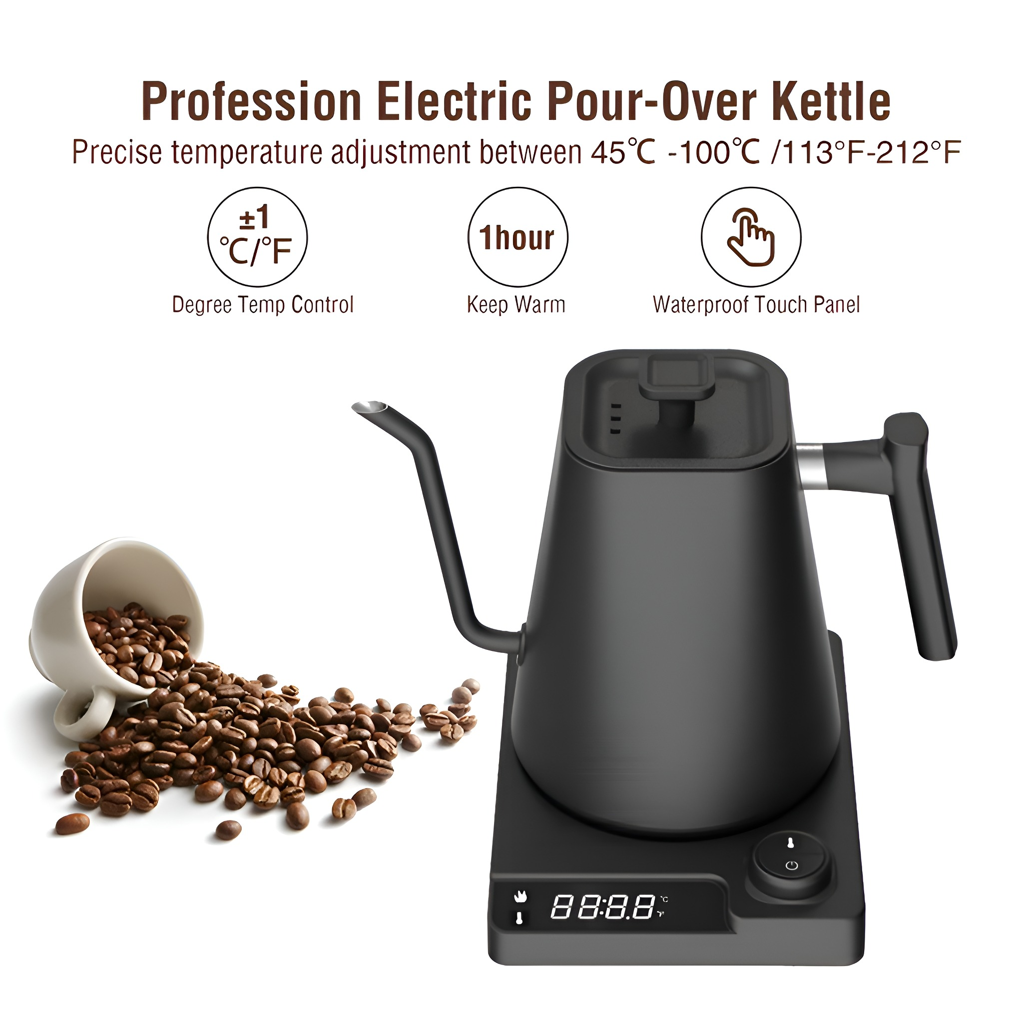 Ein schwarzer elektrischer Wasserkocher mit präziser Temperaturregelung, Kaffeebohnen und einer Tasse. Digitalanzeige sichtbar.