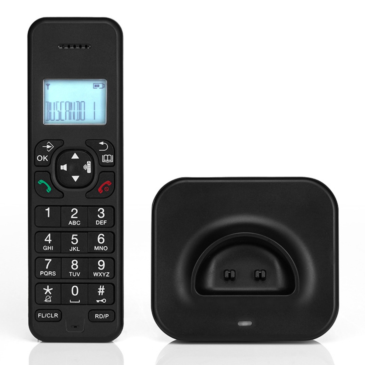 Ein schwarzes schnurloses Telefon mit Ladestation. Der Bildschirm zeigt 'BUSCANDO' und Zahlen.