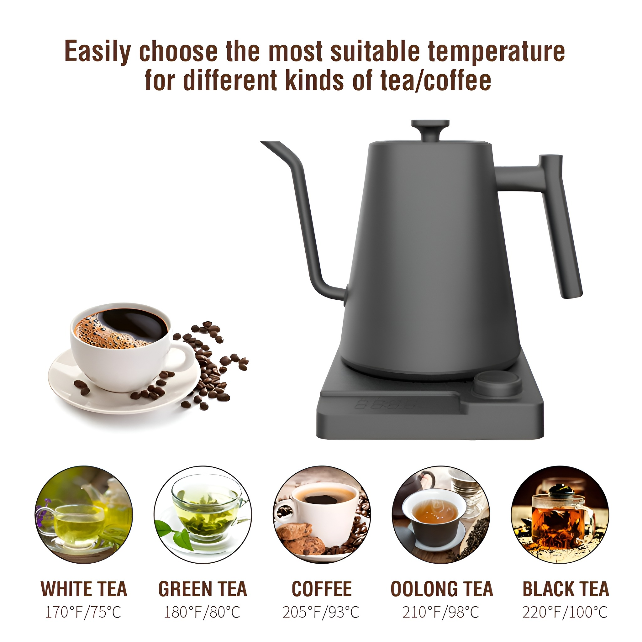 Ein schwarzer Wasserkocher mit langem Ausguss, mit verschiedenen Tee- und Kaffeetemperaturen.