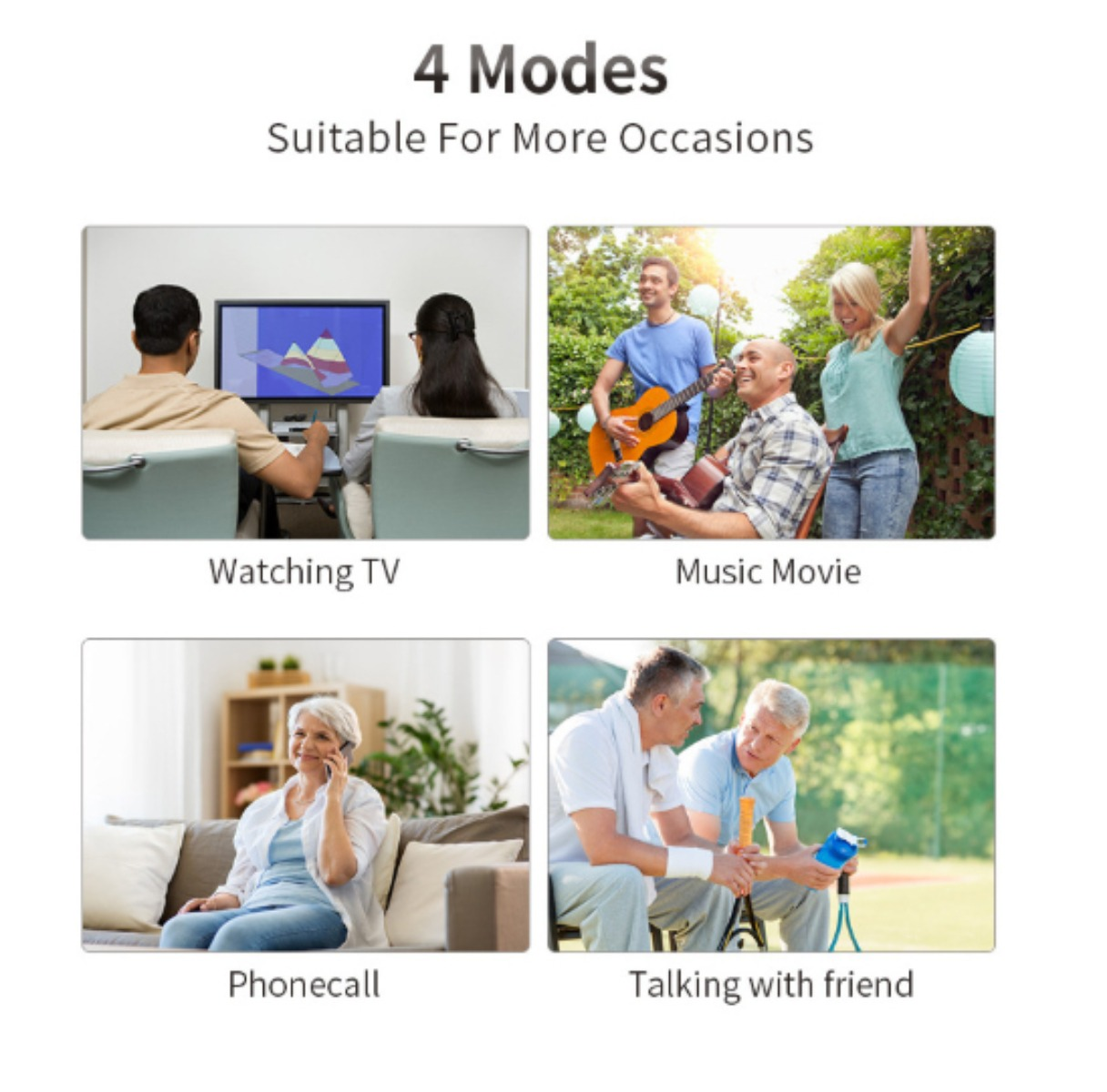 Vier Bilder, die verschiedene Szenarien zeigen: Fernsehen, Musik, Telefonanruf und Gespräche.