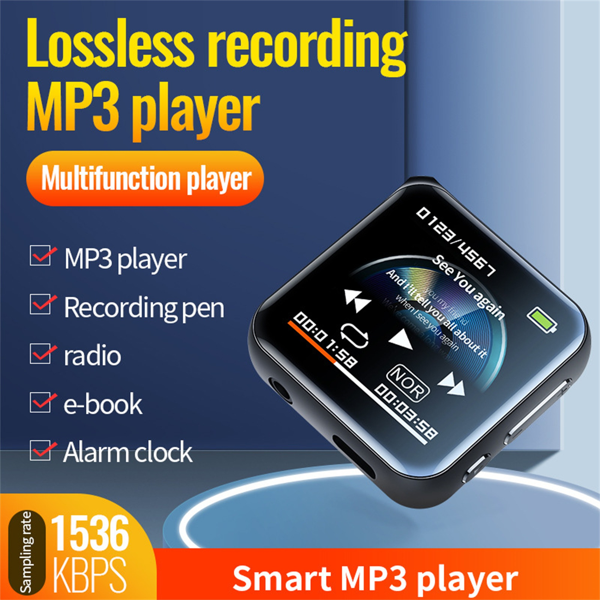 Kleiner, schwarzer MP3-Player mit Bildschirm, der Song-Infos und Wiedergabesteuerung anzeigt.