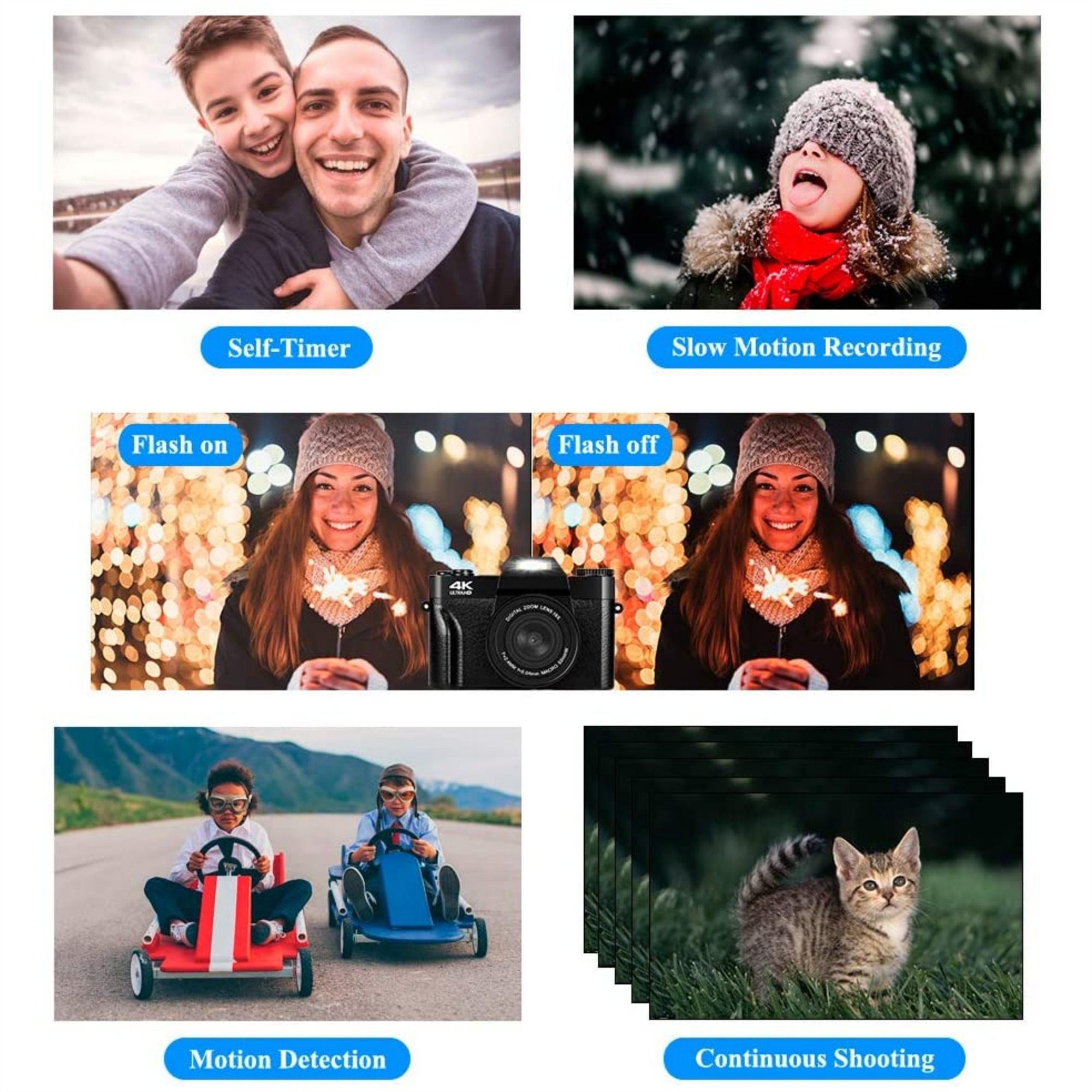 Sammlung von Fotos mit Selfie, Zeitlupe, Blitz, Bewegung und Serienaufnahme.