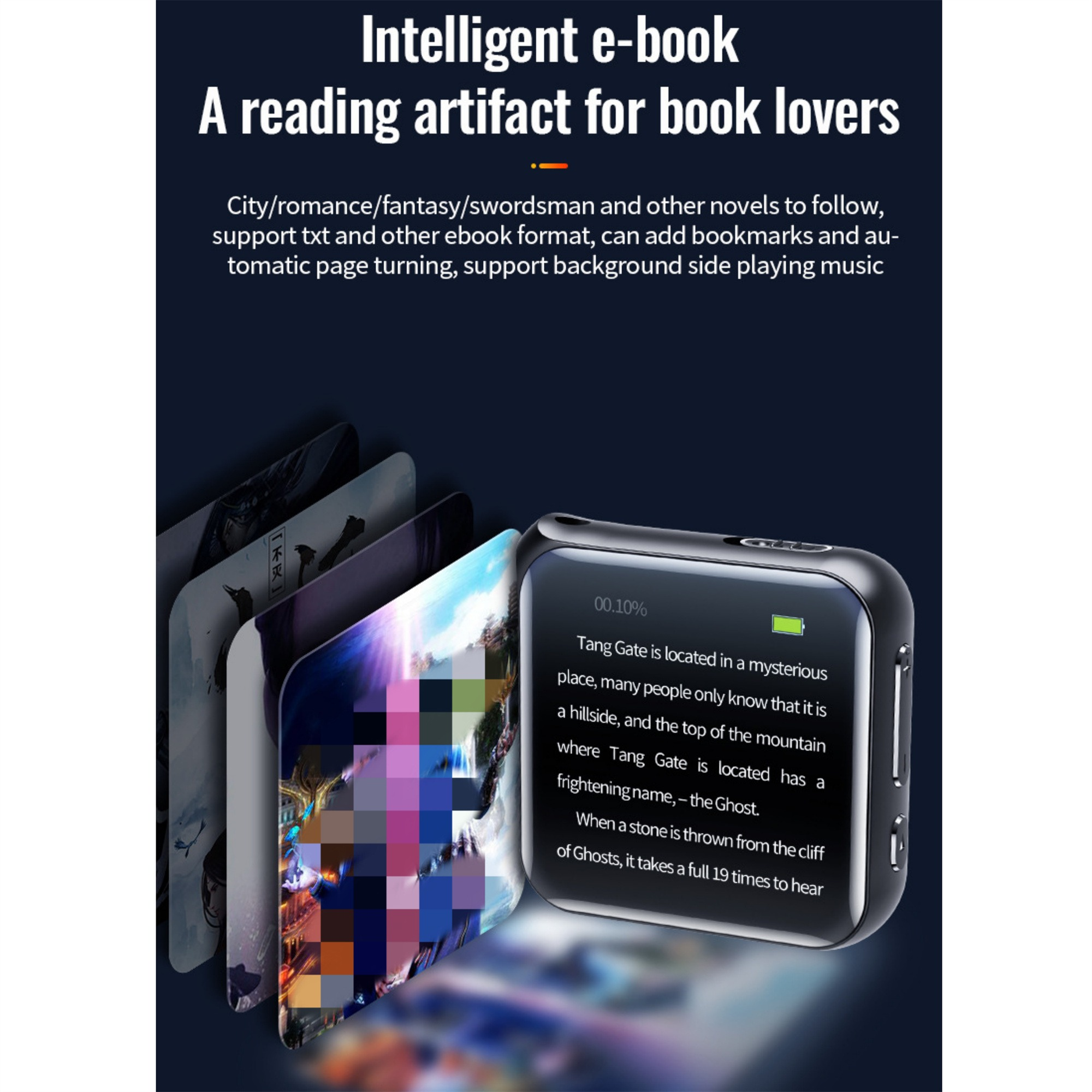 Ein E-Reader, der Text und Buchcover anzeigt, wobei seine Lesefähigkeiten und Funktionen hervorgehoben werden.