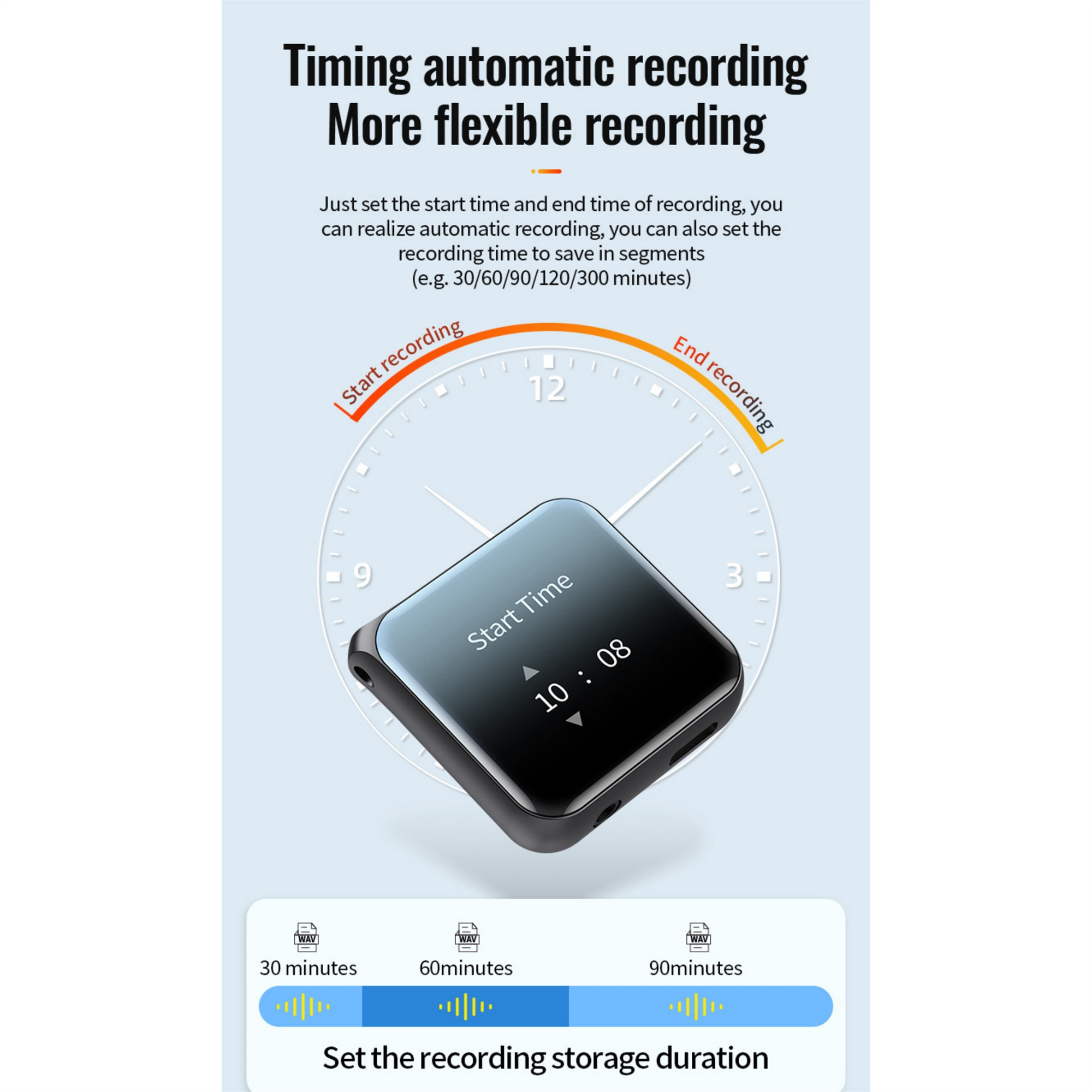 Digitaler Recorder mit Zeitanzeige. Text: 'Stellen Sie die Aufnahme-Speicherdauer ein'.