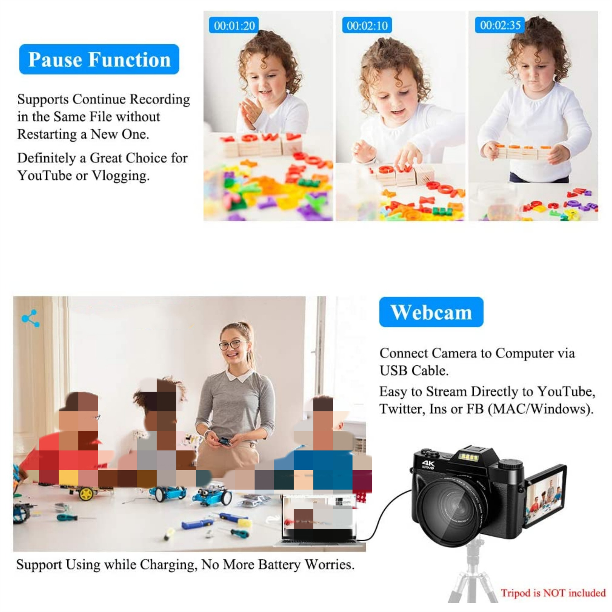 Drei Bilder zeigen Kinder und eine Kamera.
