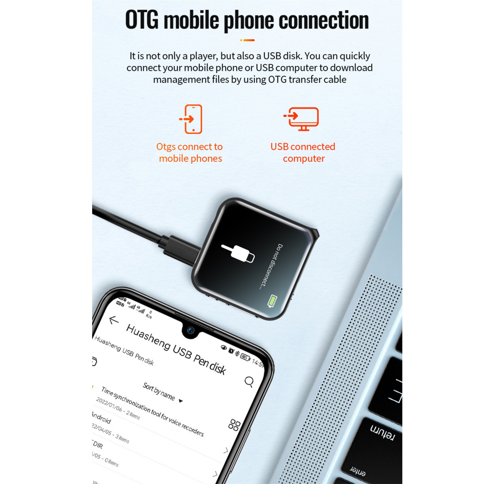 Ein USB-Stick, der mit einem Telefon und einem Laptop verbunden ist. Der Telefonbildschirm zeigt eine Dateiverwaltung.
