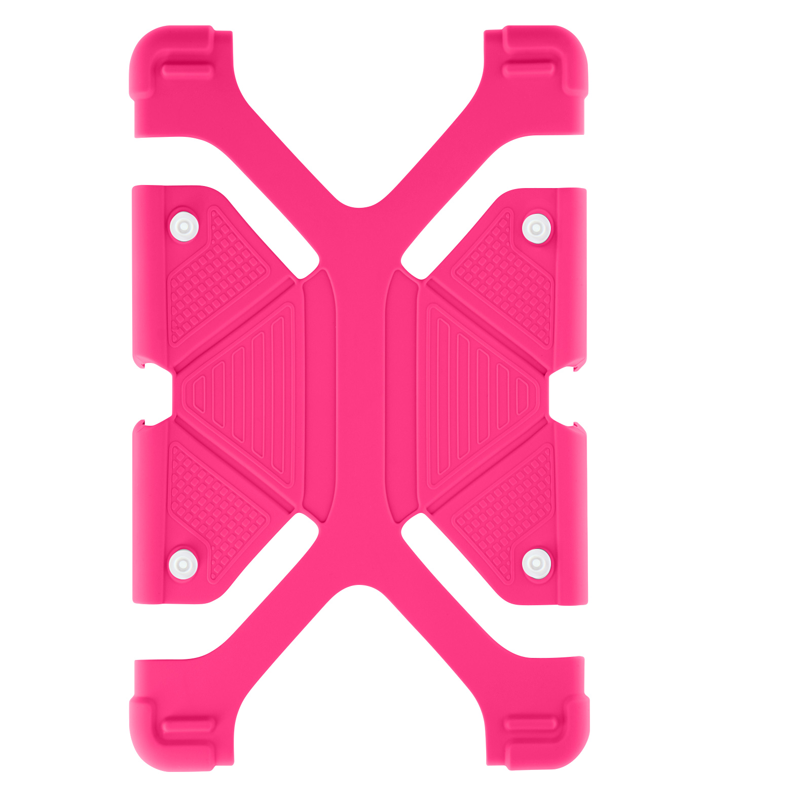Una custodia per tablet rosa acceso con un design unico a forma di X.