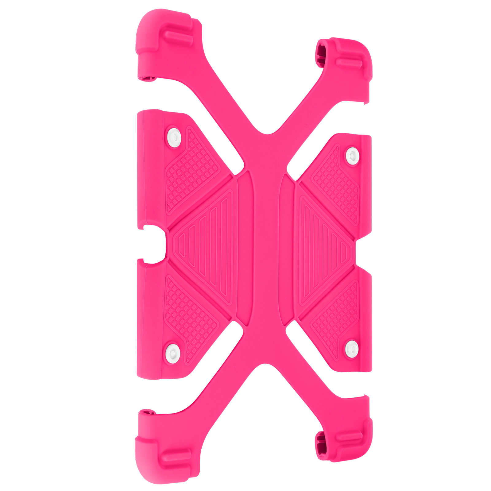 Un supporto per tablet rosa e geometrico. È fatto di plastica e ha una forma unica.