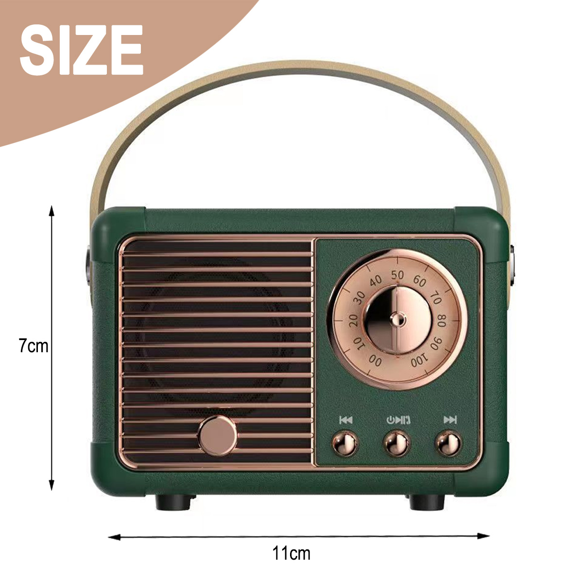 Grünes Vintage-Radio. Es hat einen Griff und ein Zifferblatt. Die Abmessungen sind angegeben.