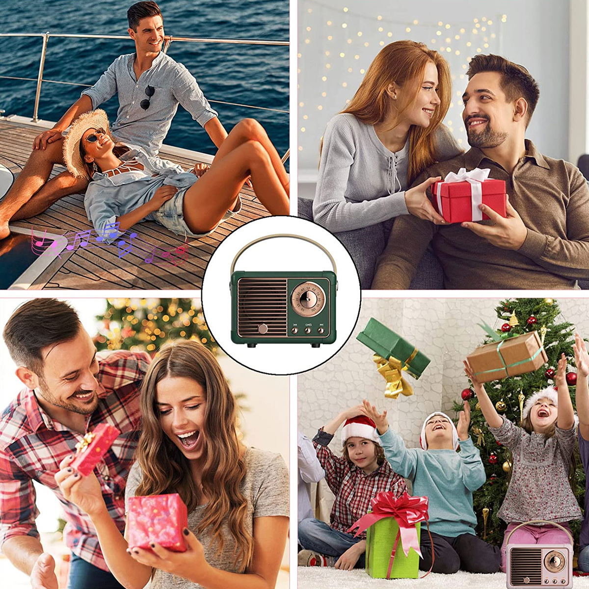 Mehrere Bilder: ein Vintage-Radio, Menschen auf einer Yacht, Geschenke geben und Weihnachten feiern.