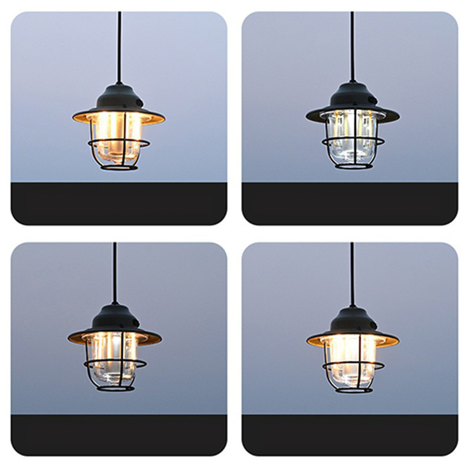 Vier Pendelleuchten mit schwarzem Oberteil und klarem Glasschirm, beleuchtet von warmem, orangefarbenem Licht.