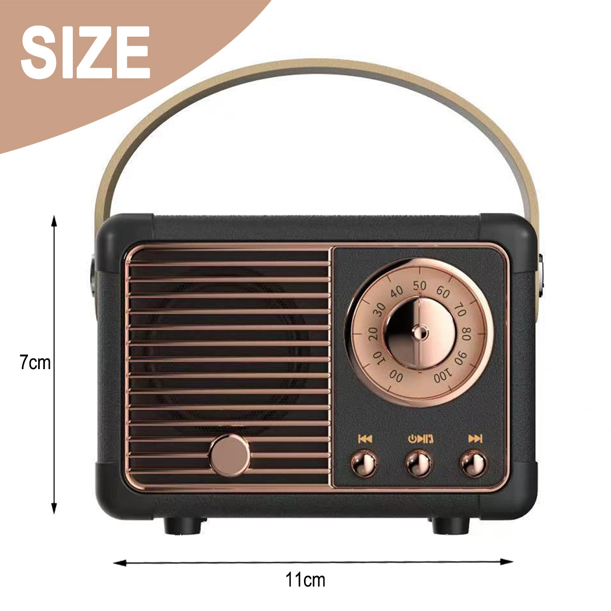 Ein schwarz-goldenes Retro-Radio mit Griff, mit Größenangaben von 7 cm Höhe und 11 cm Breite.