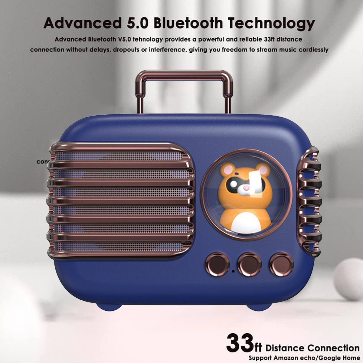Blauer Lautsprecher im Retro-Stil mit Kupferakzenten, einer Hamsterfigur und drei Knöpfen.