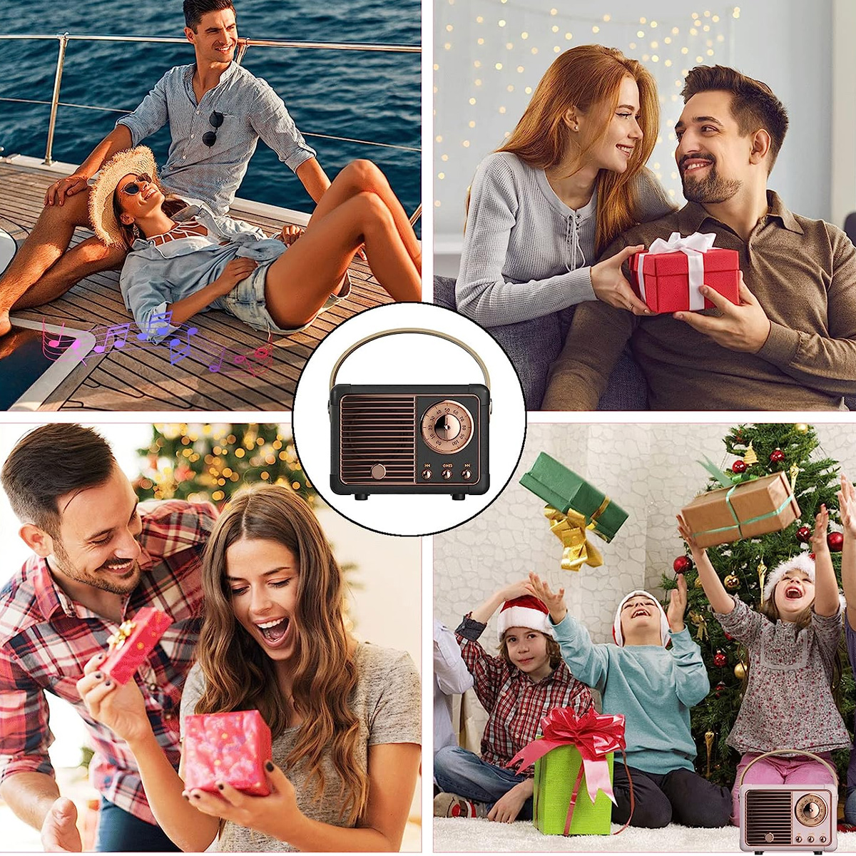 Eine Collage von Menschen, die Geschenke öffnen und Musik von einem Vintage-Radio hören.
