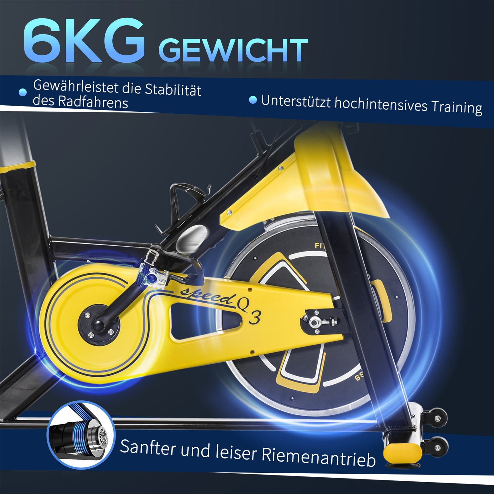 Gelb-schwarzes stationäres Fahrrad mit informativen Grafiken.